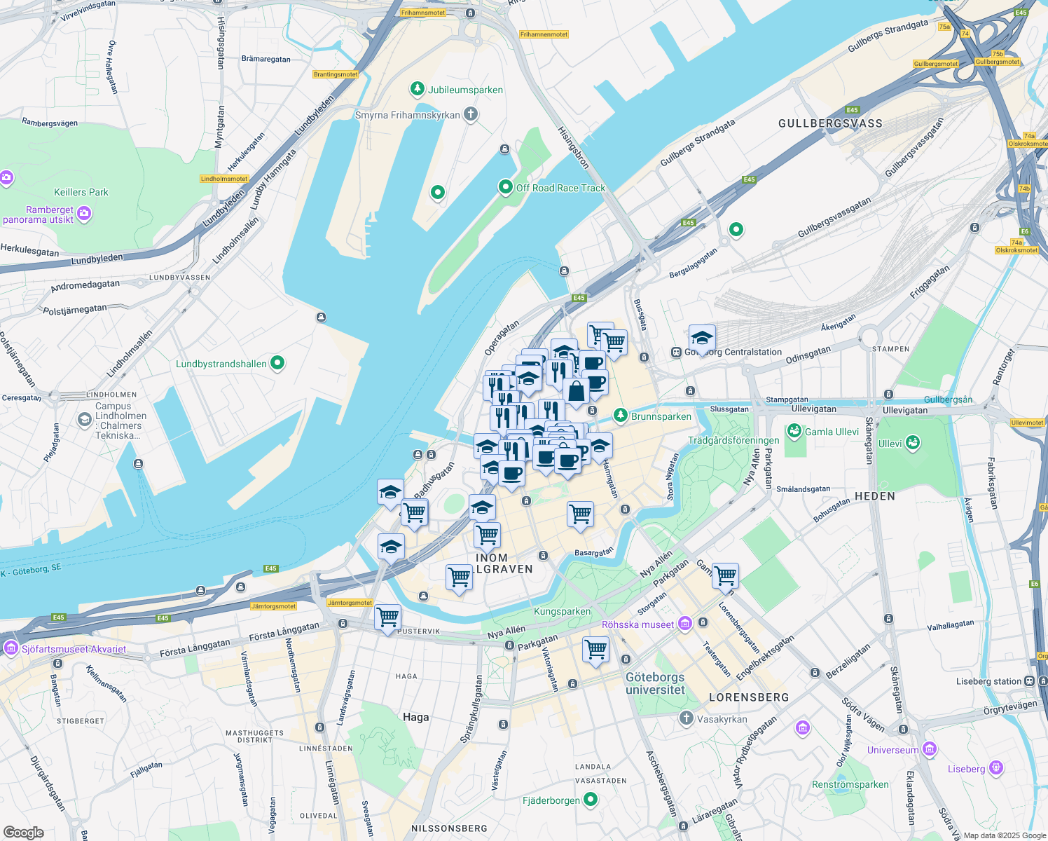 map of restaurants, bars, coffee shops, grocery stores, and more near 11 Köpmansgatan in Gothenburg