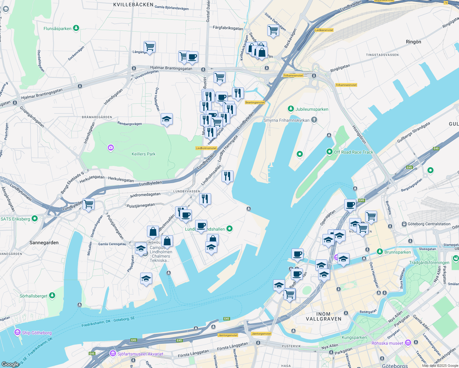 map of restaurants, bars, coffee shops, grocery stores, and more near in Gothenburg