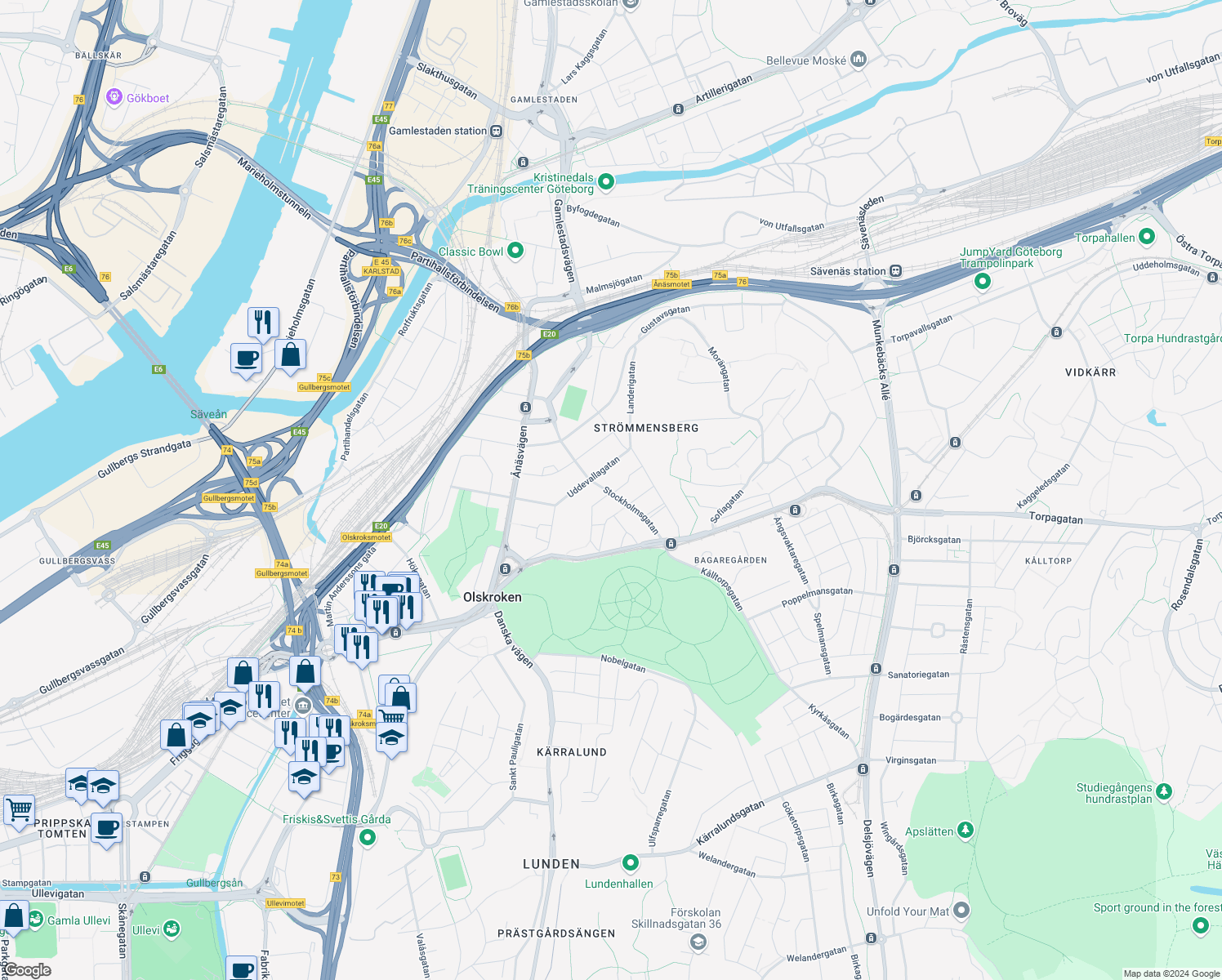 map of restaurants, bars, coffee shops, grocery stores, and more near 9 Stockholmsgatan in Gothenburg