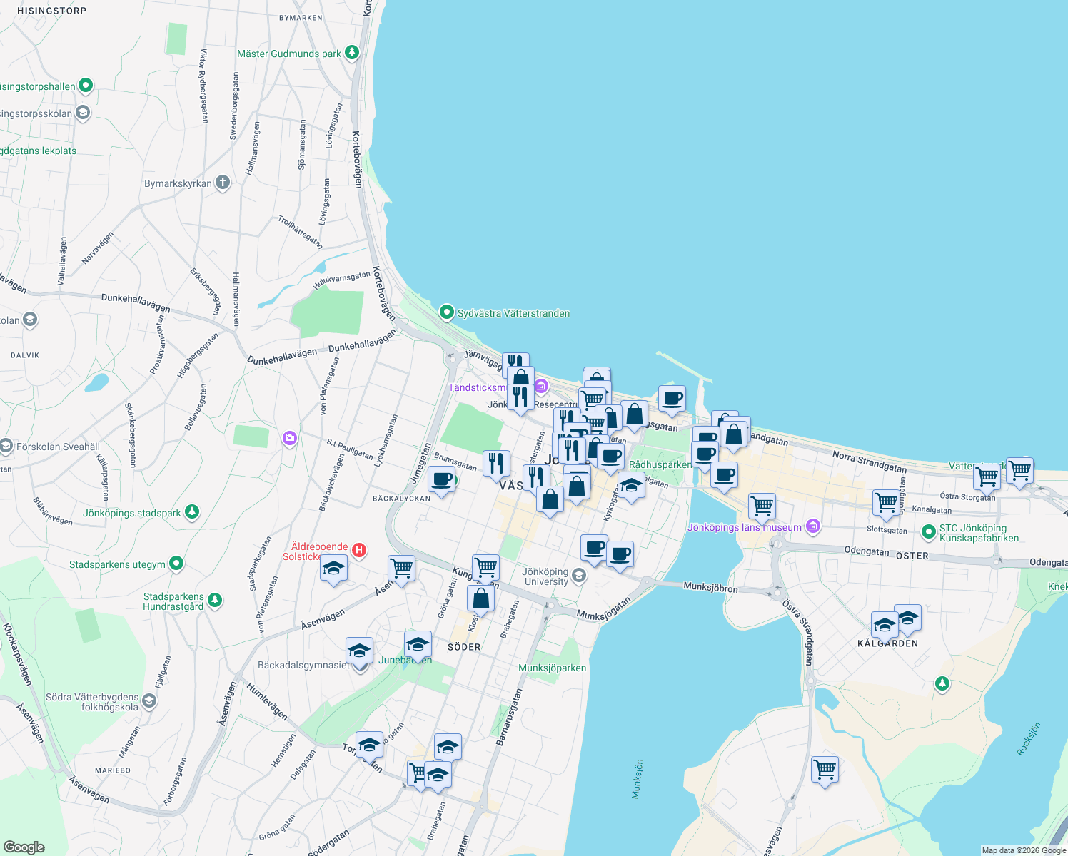 map of restaurants, bars, coffee shops, grocery stores, and more near 25A Västra Storgatan in Jönköping