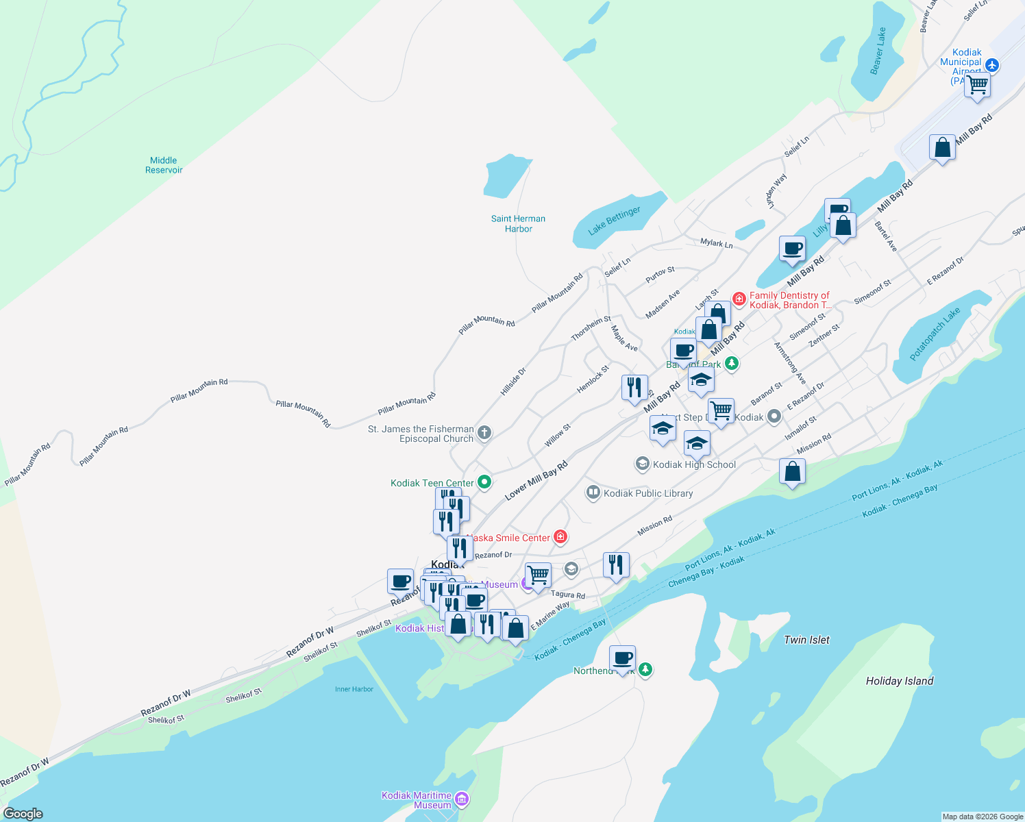 map of restaurants, bars, coffee shops, grocery stores, and more near 615 Thorsheim Street in Kodiak
