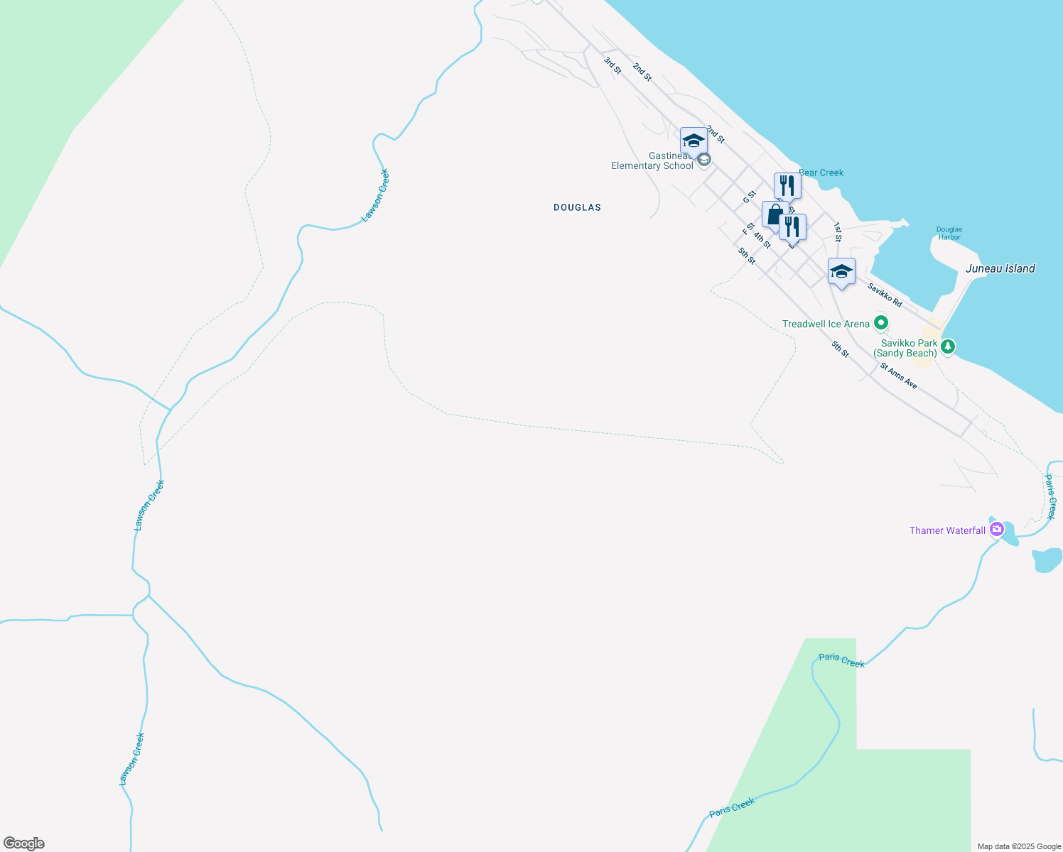 map of restaurants, bars, coffee shops, grocery stores, and more near Treadwell Ditch Trail in Juneau