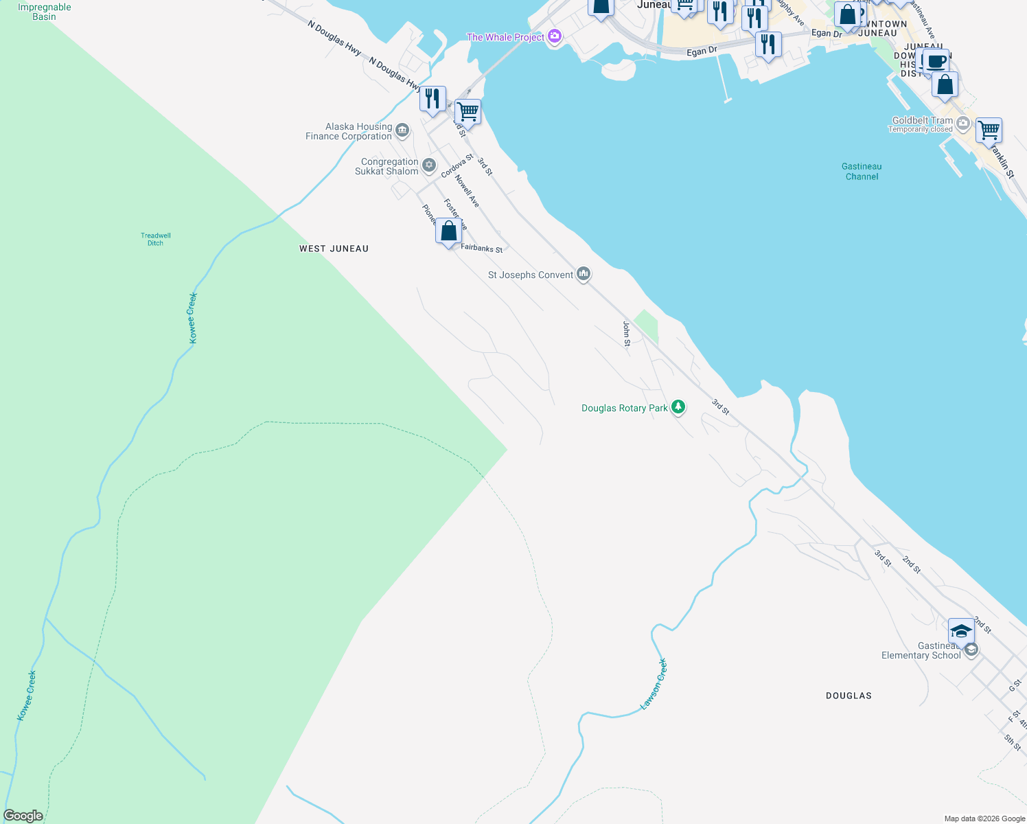 map of restaurants, bars, coffee shops, grocery stores, and more near 2905 Jackson Road in Juneau