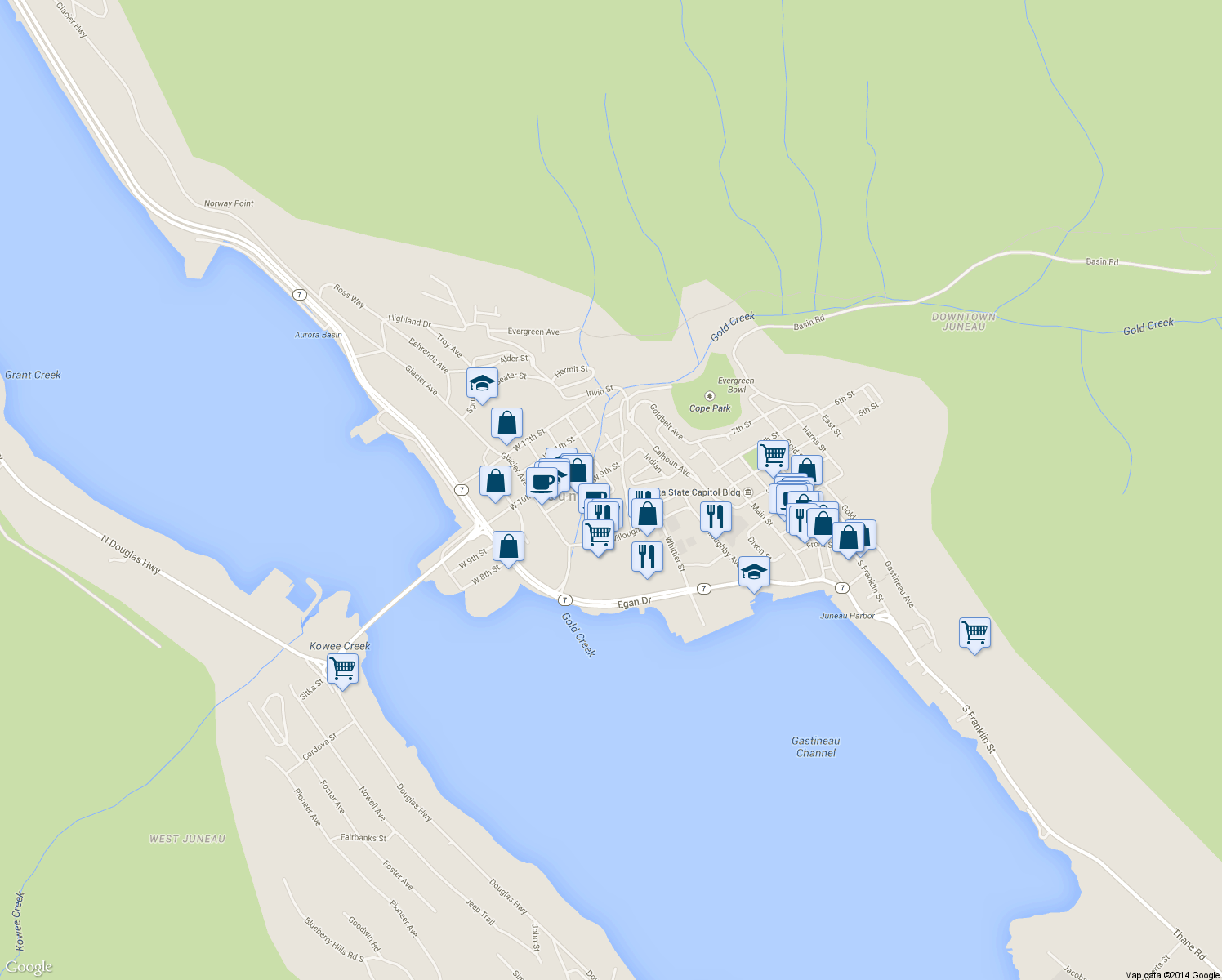 map of restaurants, bars, coffee shops, grocery stores, and more near 822 B St in Juneau