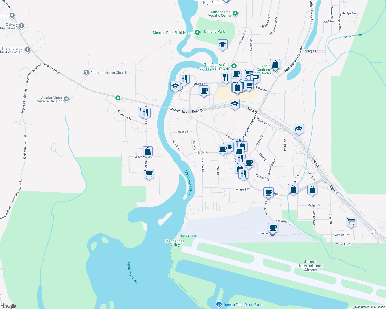 map of restaurants, bars, coffee shops, grocery stores, and more near 9571 Eagle Street in Juneau