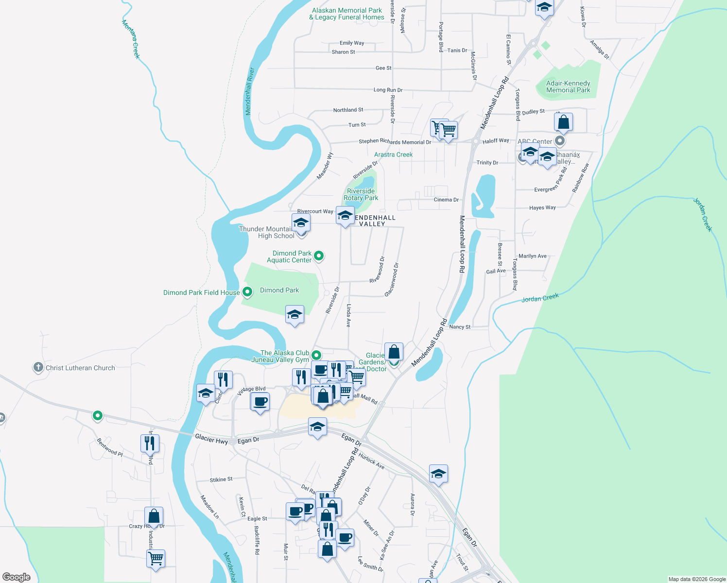 map of restaurants, bars, coffee shops, grocery stores, and more near 9175 Glacierwood Dr in Juneau