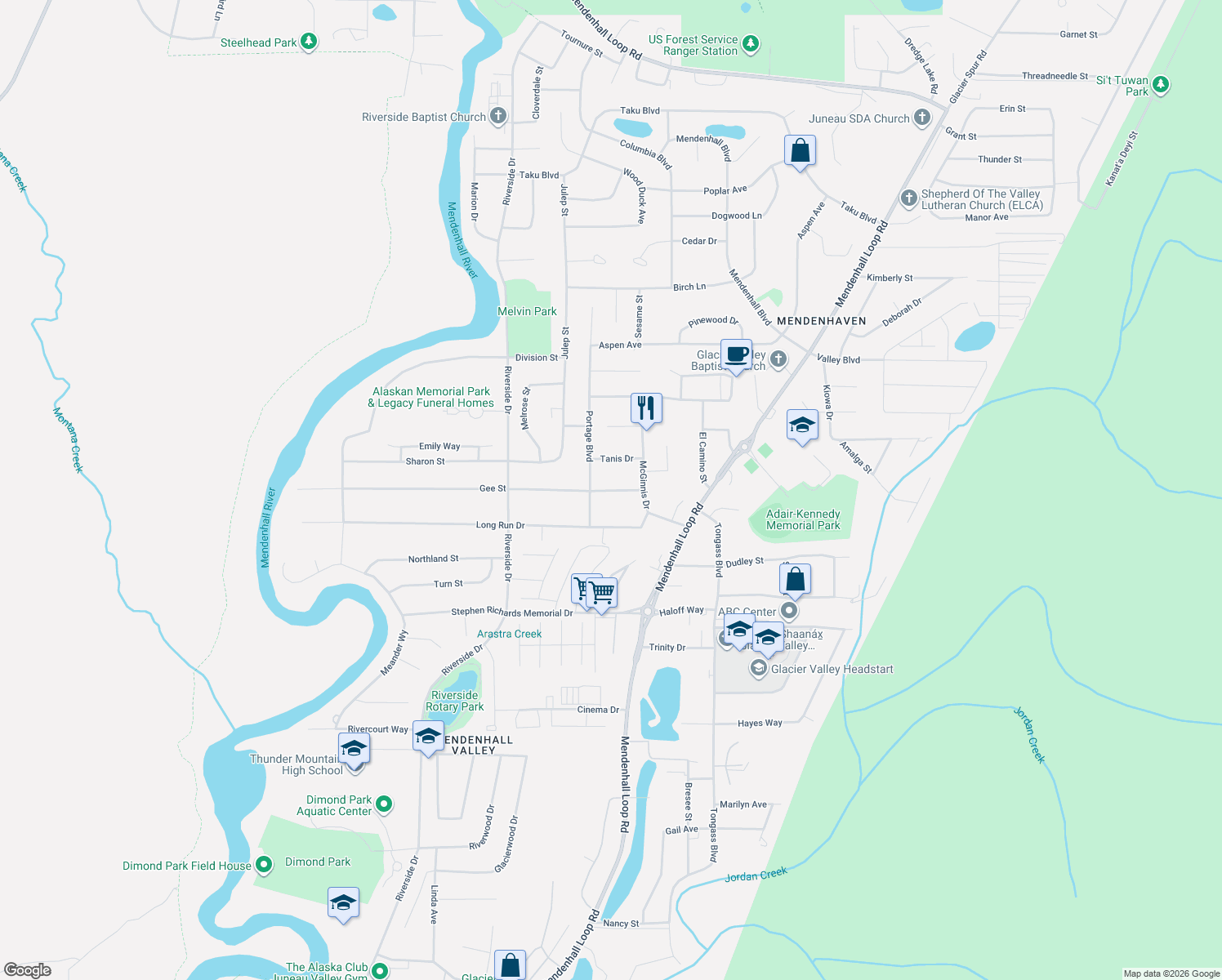 map of restaurants, bars, coffee shops, grocery stores, and more near 8906 Gee Street in Juneau
