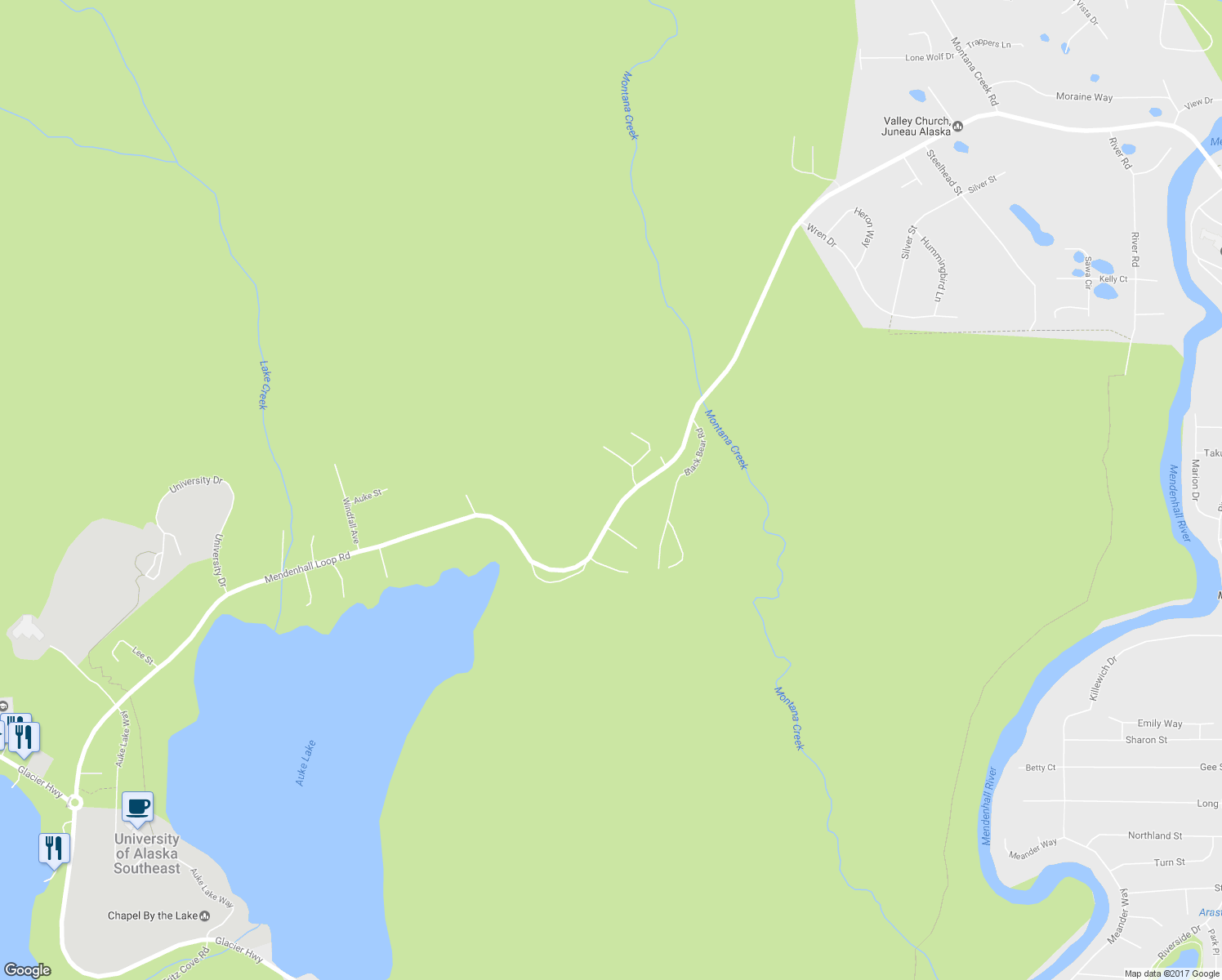 map of restaurants, bars, coffee shops, grocery stores, and more near 10908 Mendenhall Loop Road in Juneau