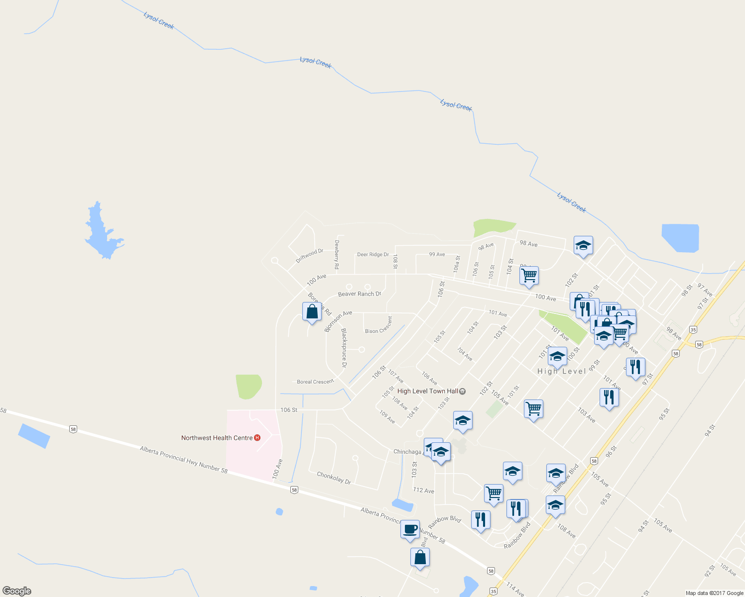map of restaurants, bars, coffee shops, grocery stores, and more near 21 Beaver Ranch Drive in High Level