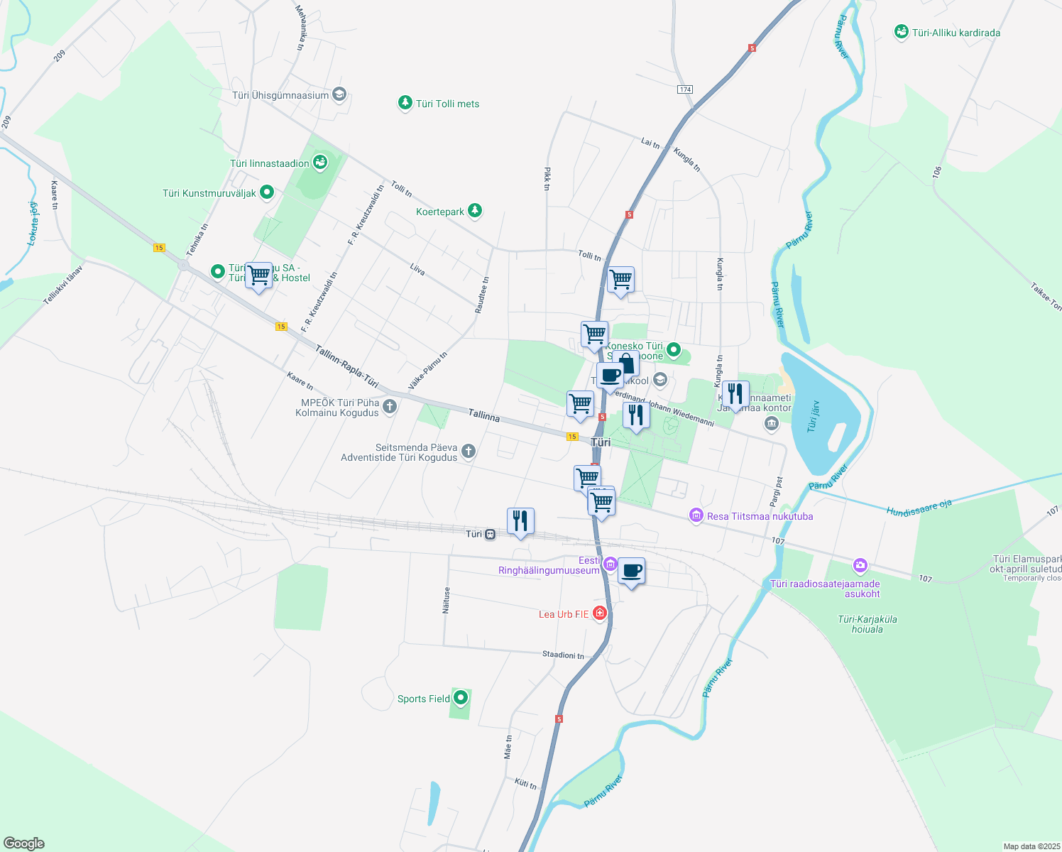 map of restaurants, bars, coffee shops, grocery stores, and more near 14 Tallinn-Rapla-Türi in Türi
