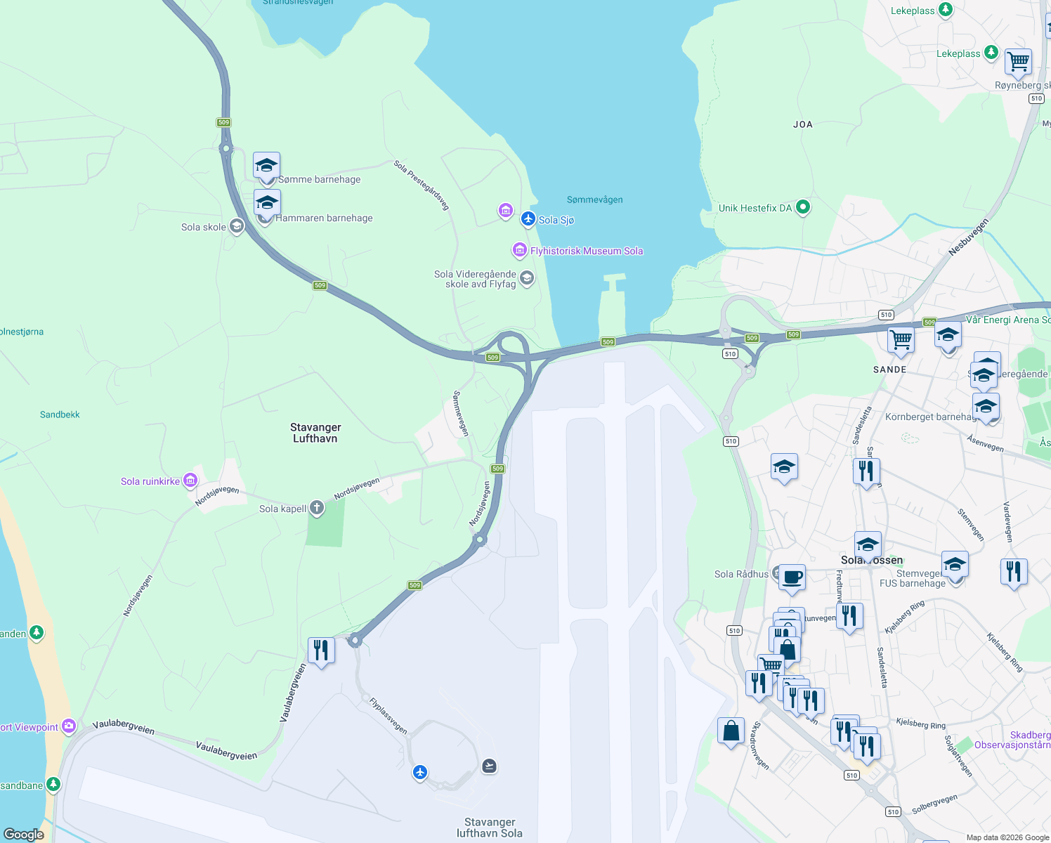 map of restaurants, bars, coffee shops, grocery stores, and more near 168 Flyplassvegen in Sola
