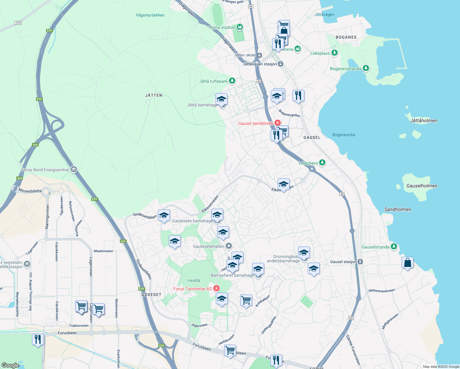 map of restaurants, bars, coffee shops, grocery stores, and more near Eikesetveien in Stavanger