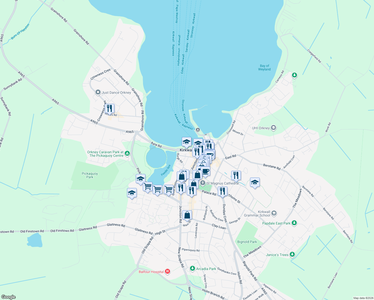 map of restaurants, bars, coffee shops, grocery stores, and more near in Kirkwall
