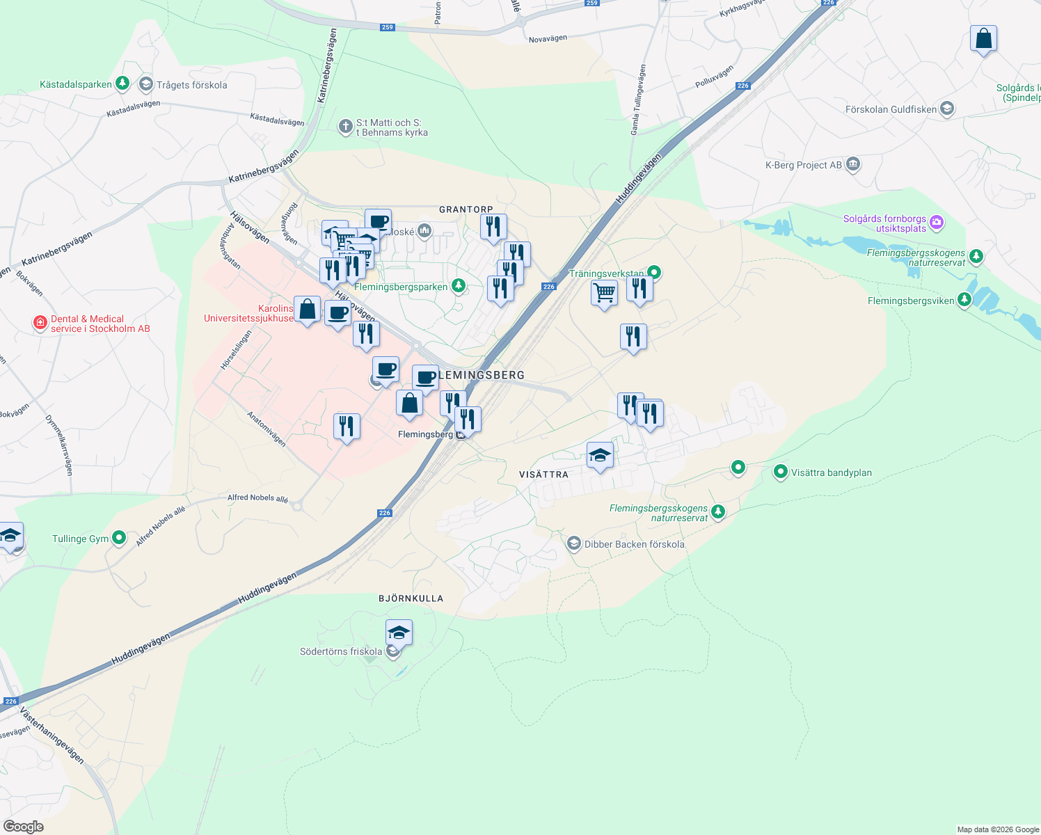 map of restaurants, bars, coffee shops, grocery stores, and more near 3 Björnkullavägen in Huddinge