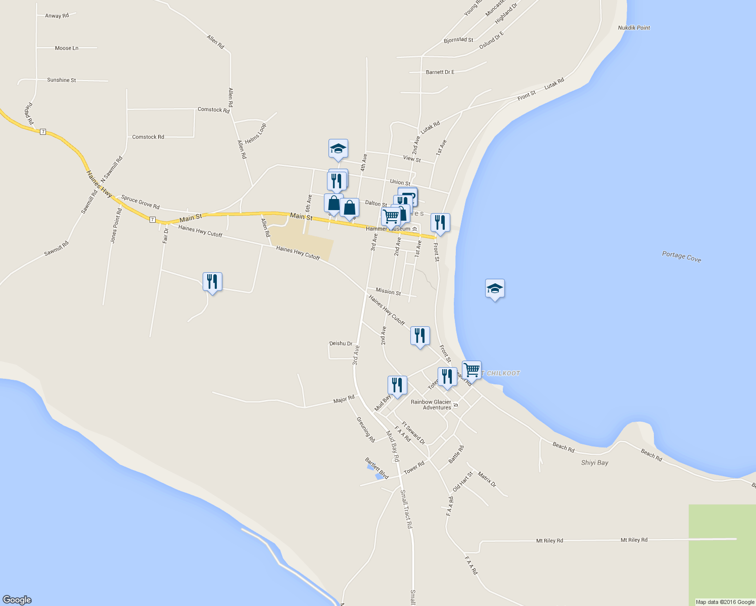 map of restaurants, bars, coffee shops, grocery stores, and more near 1 Haines Highway in Haines