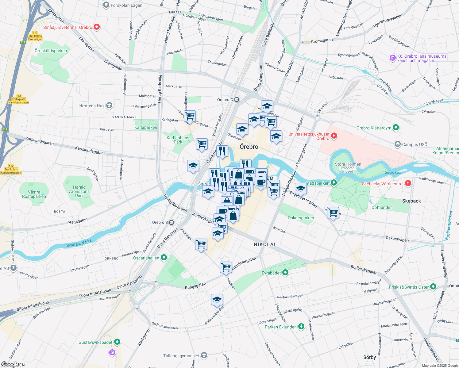 map of restaurants, bars, coffee shops, grocery stores, and more near in Örebro