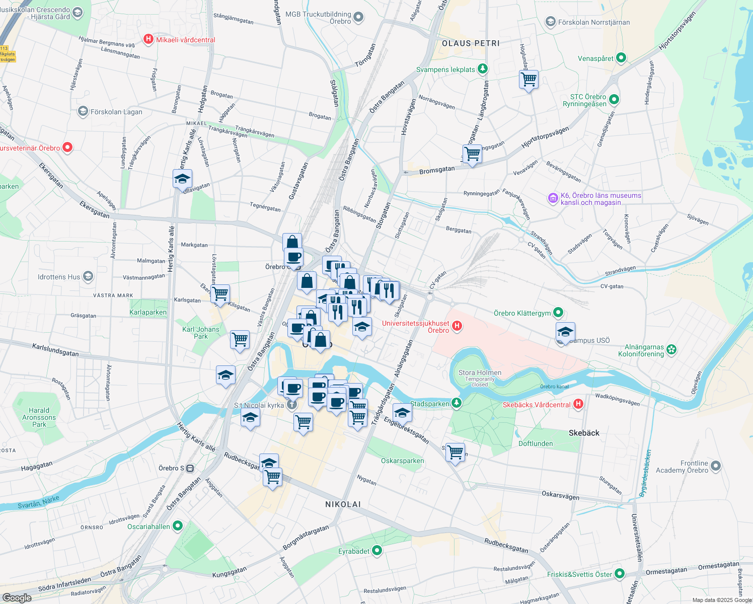 map of restaurants, bars, coffee shops, grocery stores, and more near 20 Järnvägsgatan in Örebro