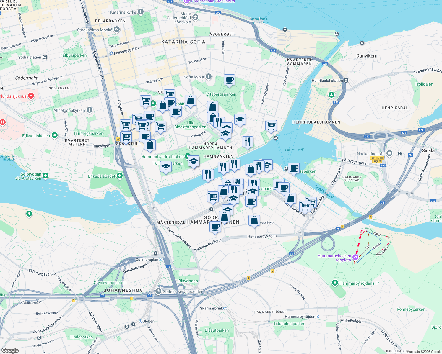 map of restaurants, bars, coffee shops, grocery stores, and more near Hammarby kaj in Stockholm