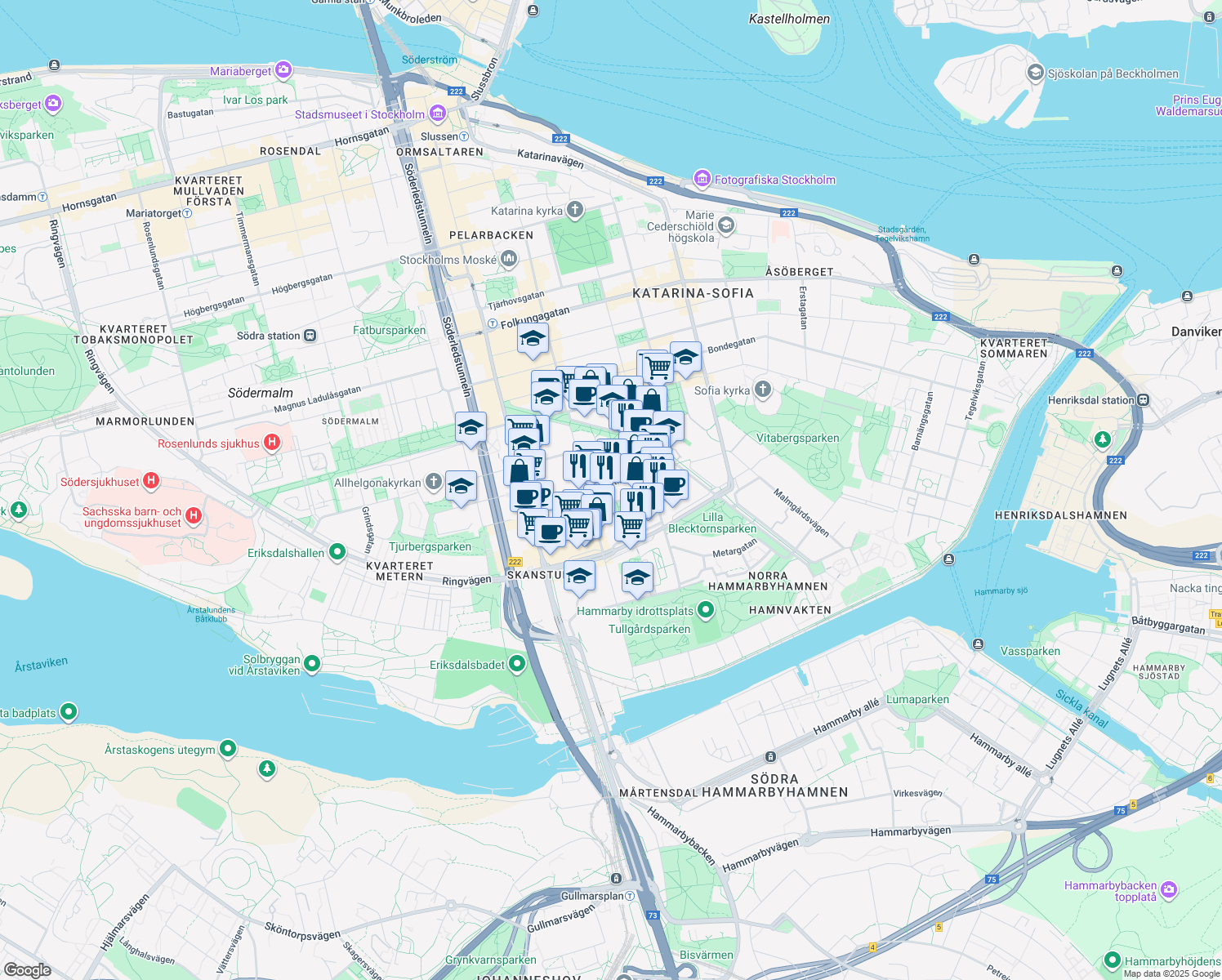 map of restaurants, bars, coffee shops, grocery stores, and more near Bjurholmsgatan in Stockholm