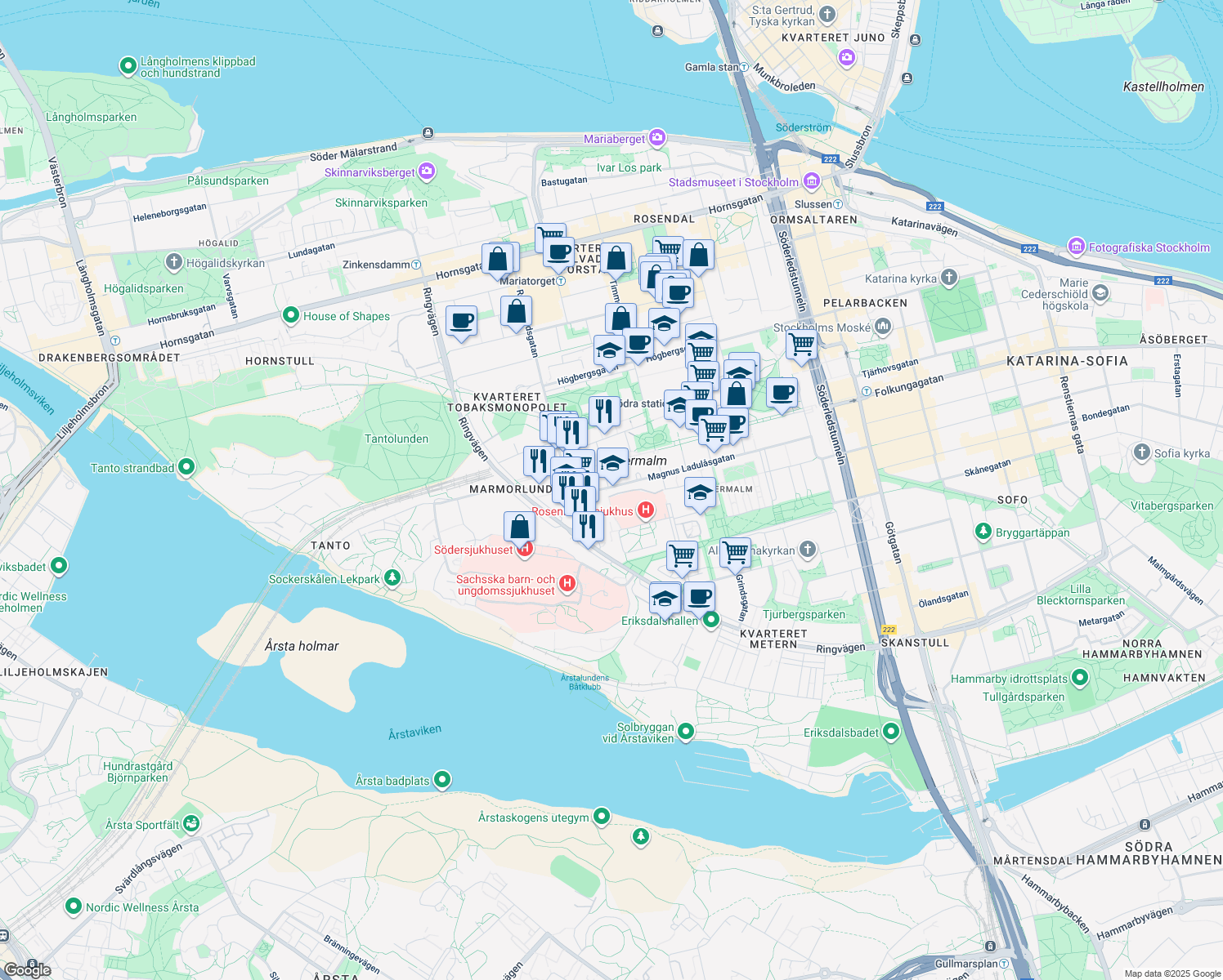 map of restaurants, bars, coffee shops, grocery stores, and more near Magnus Ladulåsgatan in Stockholm