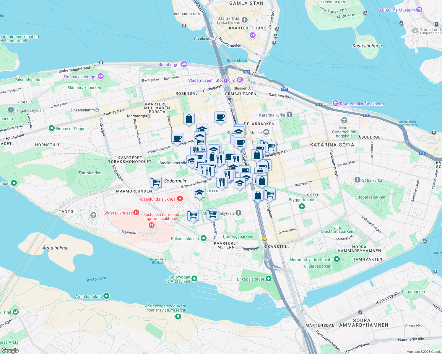 map of restaurants, bars, coffee shops, grocery stores, and more near Magnus Ladulåsgatan in Stockholm