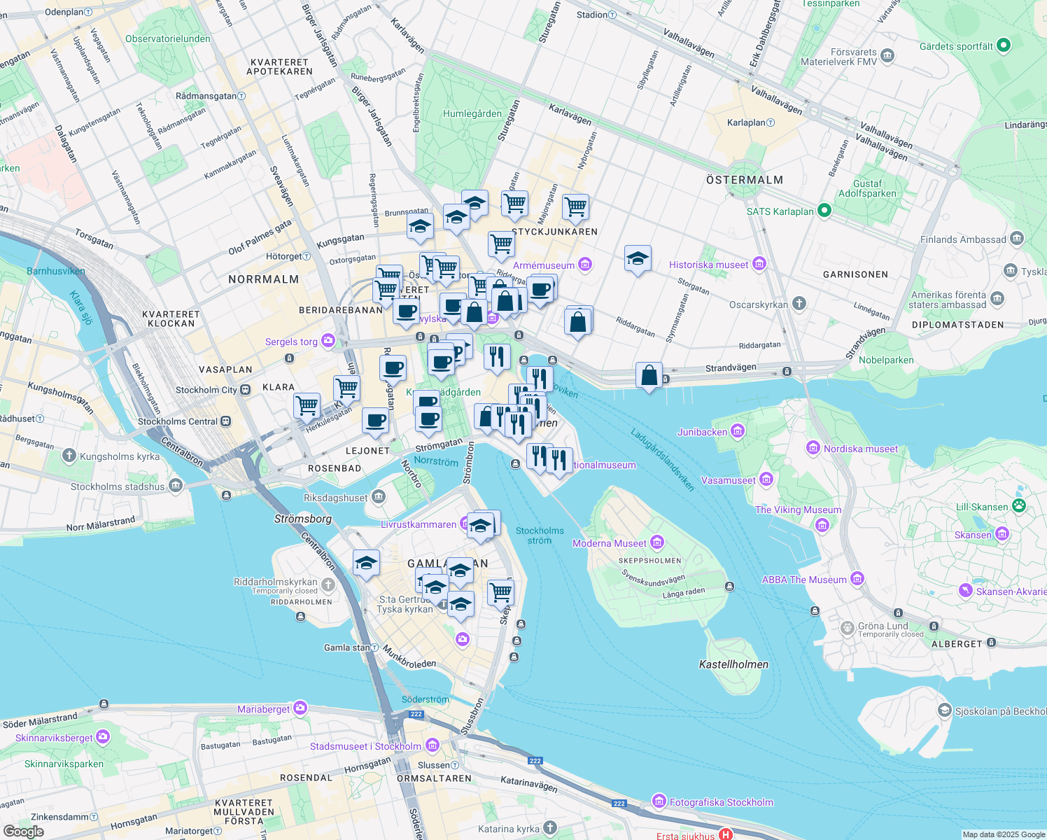 map of restaurants, bars, coffee shops, grocery stores, and more near 4C Blasieholmsgatan in Stockholm