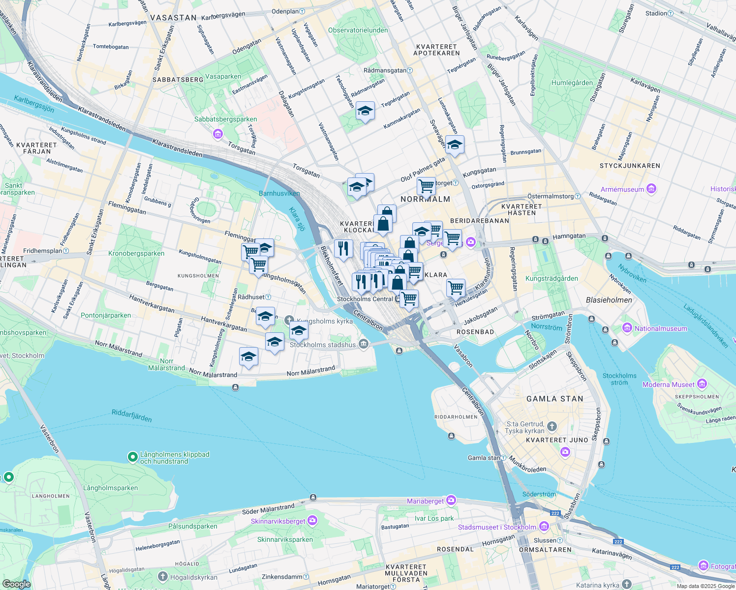 map of restaurants, bars, coffee shops, grocery stores, and more near 61 Klarabergsviadukten in Stockholm