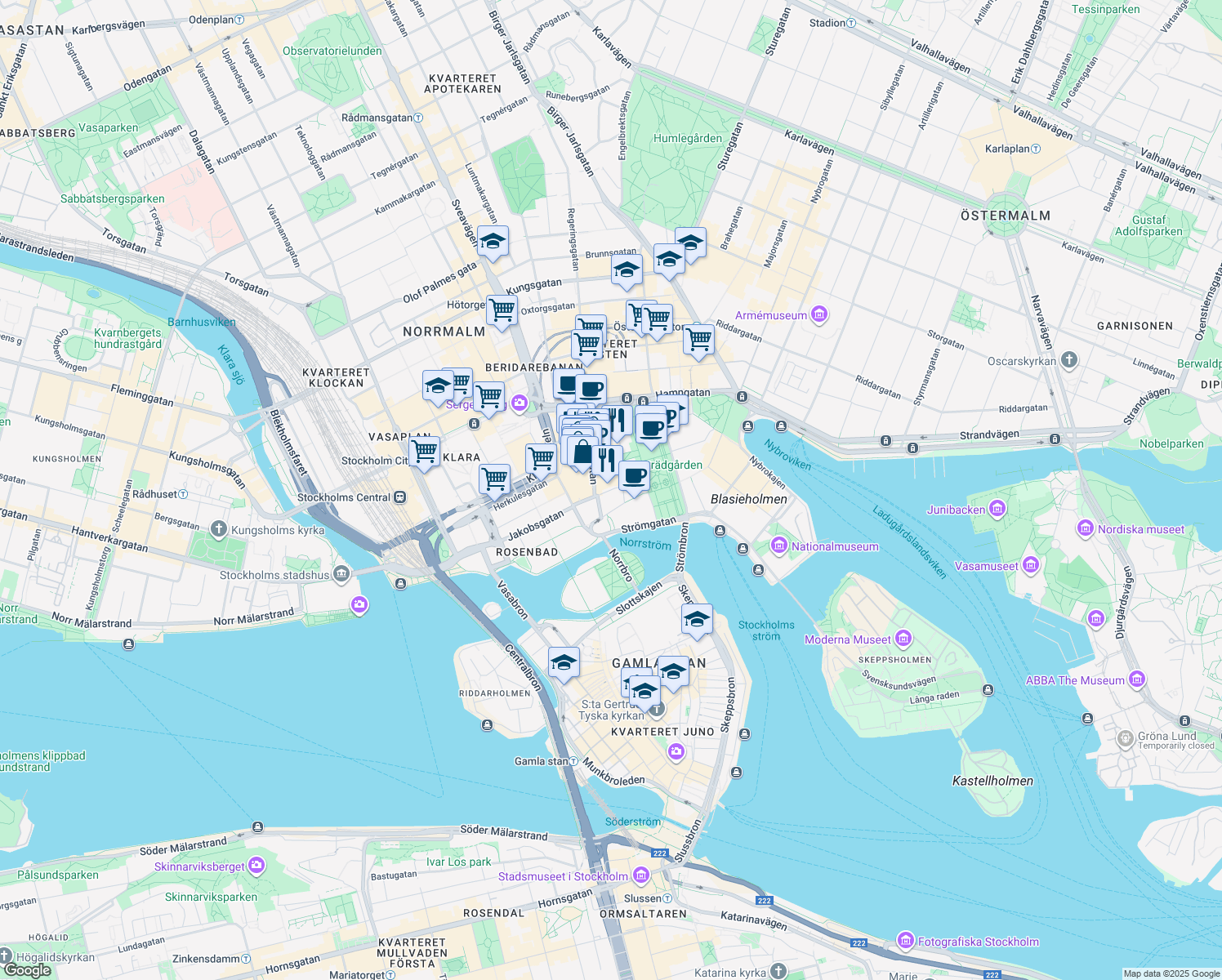 map of restaurants, bars, coffee shops, grocery stores, and more near 2 Jakobsgatan in Stockholm
