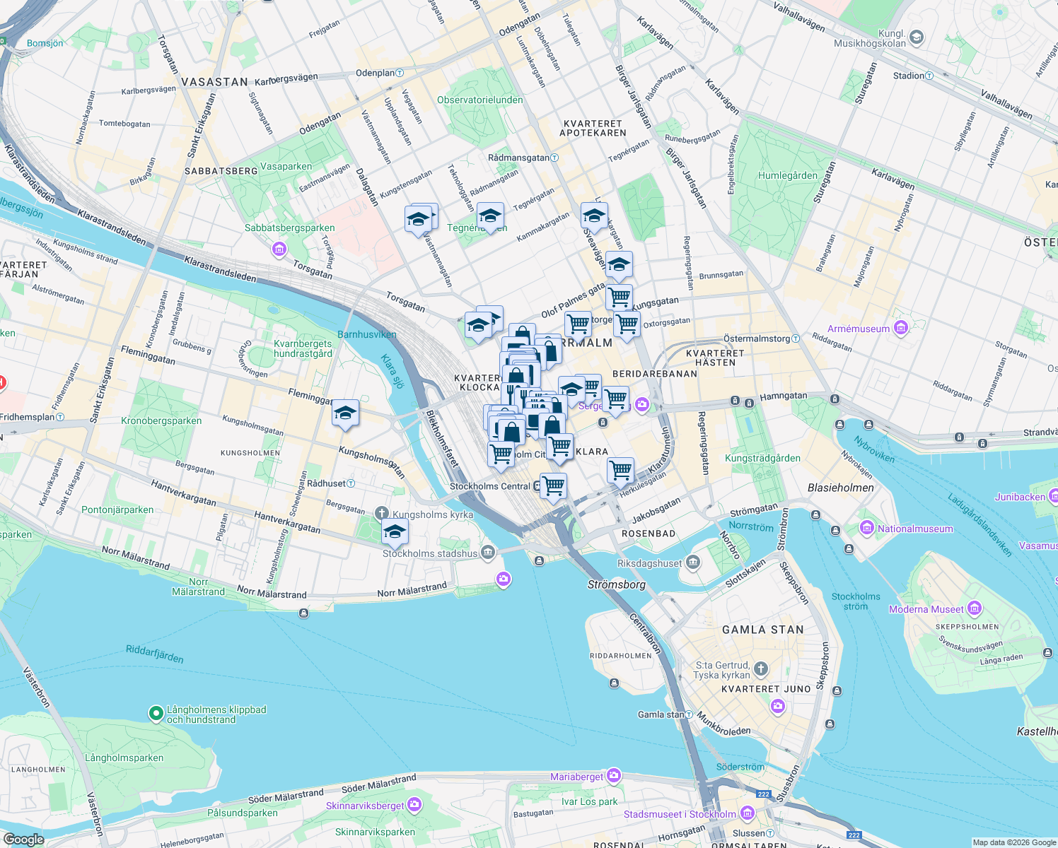 map of restaurants, bars, coffee shops, grocery stores, and more near 7 Vasagatan in Stockholm