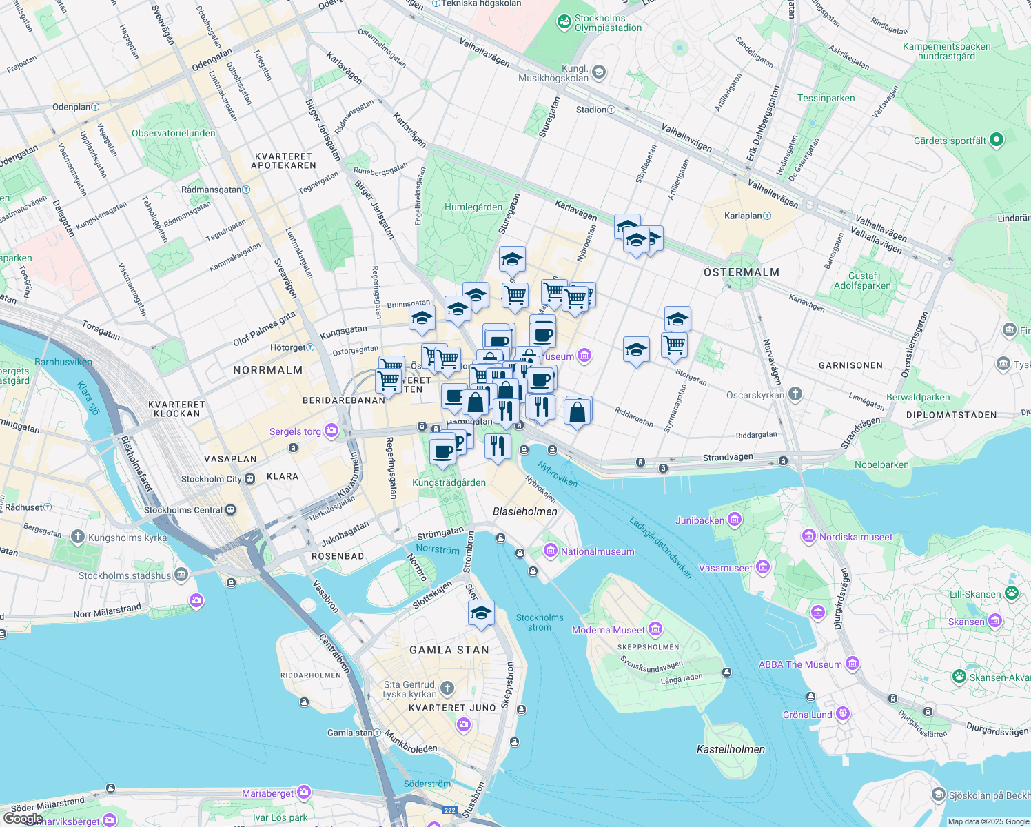 map of restaurants, bars, coffee shops, grocery stores, and more near 2 Birger Jarlsgatan in Stockholm