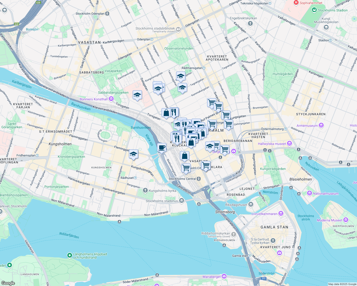 map of restaurants, bars, coffee shops, grocery stores, and more near 2 Kungsbron in Stockholm