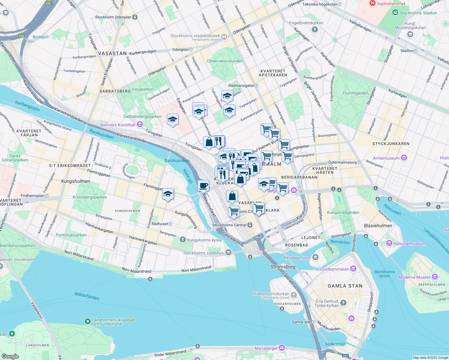 map of restaurants, bars, coffee shops, grocery stores, and more near 2 Kungsbron in Stockholm