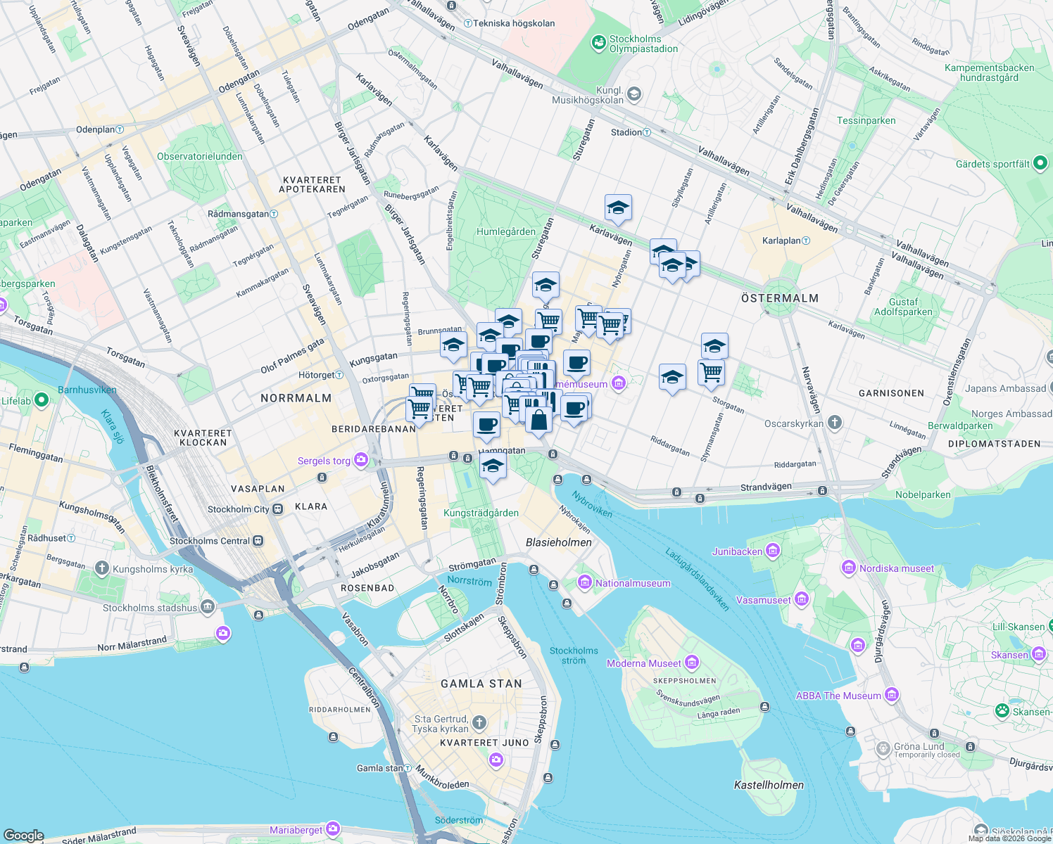 map of restaurants, bars, coffee shops, grocery stores, and more near 7 Birger Jarlsgatan in Stockholm