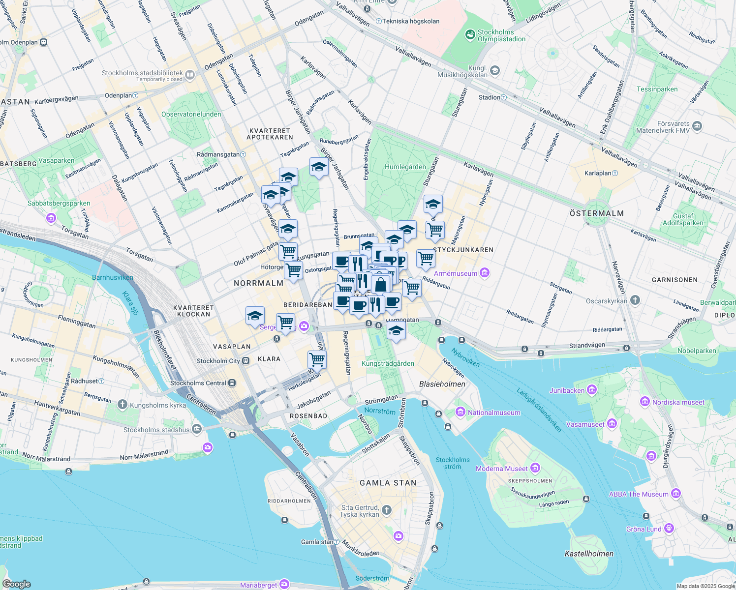 map of restaurants, bars, coffee shops, grocery stores, and more near 17 Mäster Samuelsgatan in Stockholm