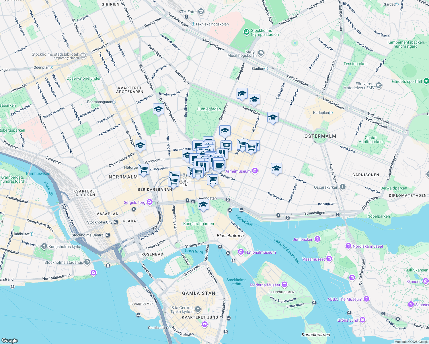 map of restaurants, bars, coffee shops, grocery stores, and more near 16 Birger Jarlsgatan in Stockholm