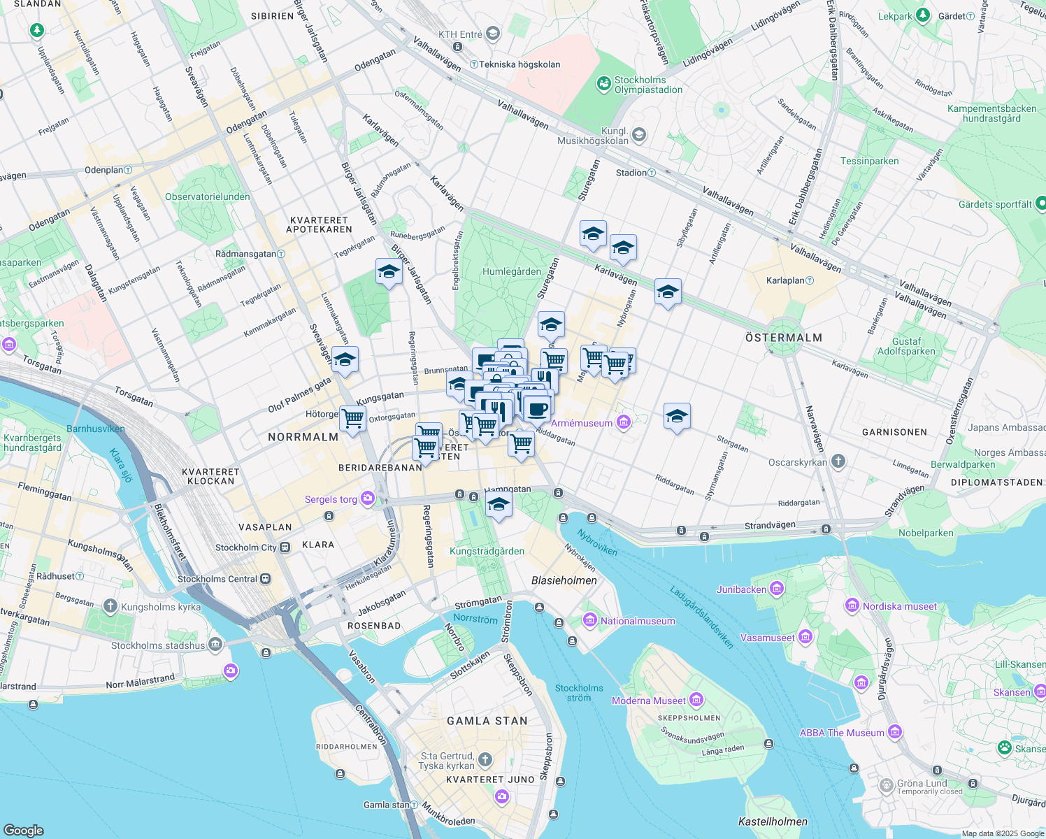 map of restaurants, bars, coffee shops, grocery stores, and more near 16 Birger Jarlsgatan in Stockholm