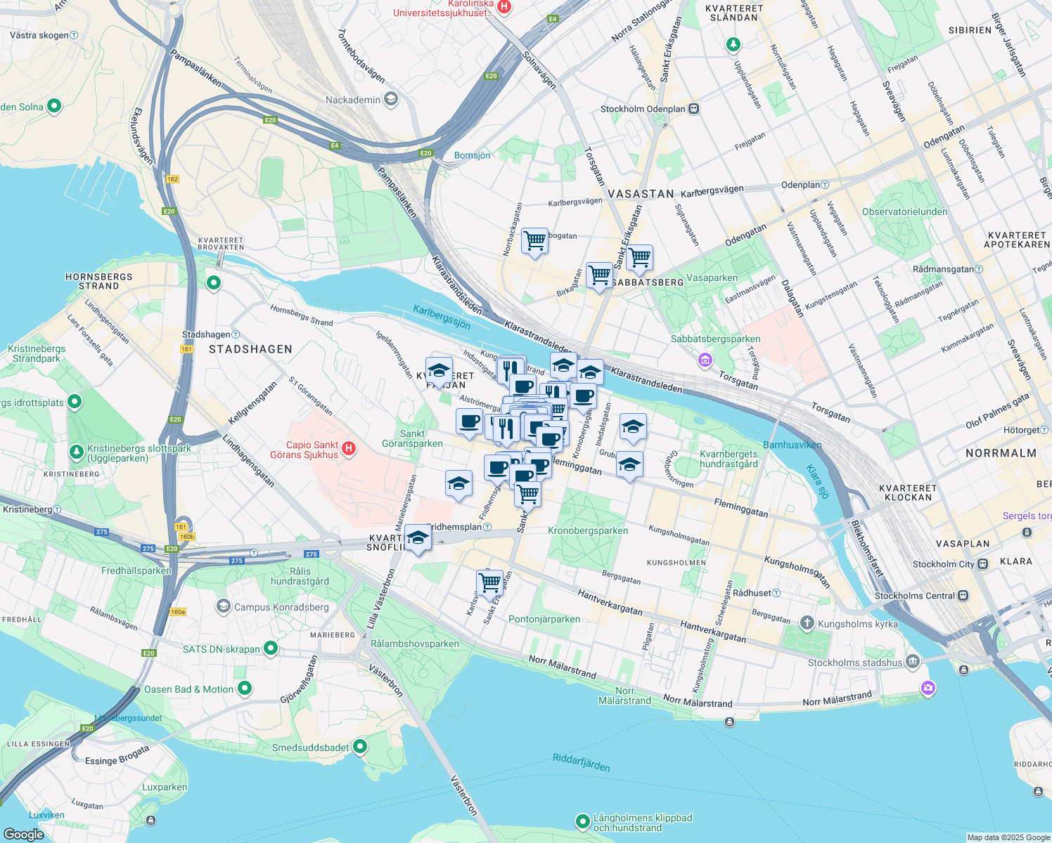 map of restaurants, bars, coffee shops, grocery stores, and more near 58 Fridhemsgatan in Stockholm
