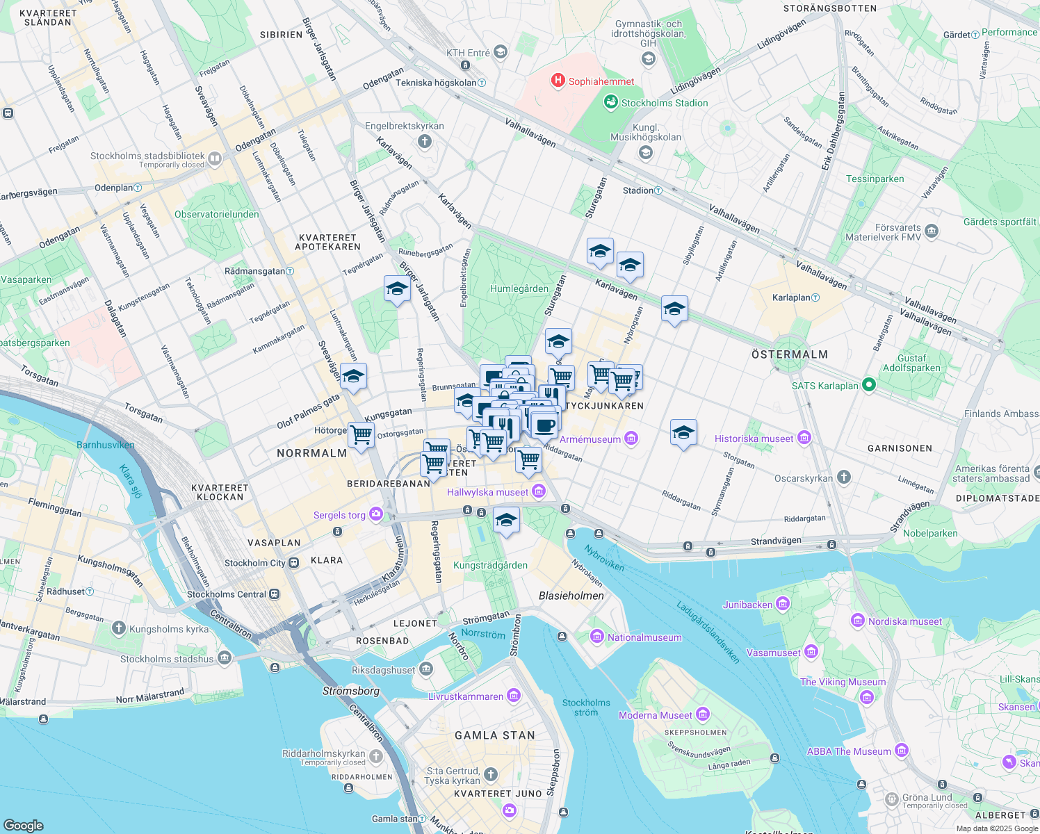 map of restaurants, bars, coffee shops, grocery stores, and more near 2 STUREPLAN in Stockholm