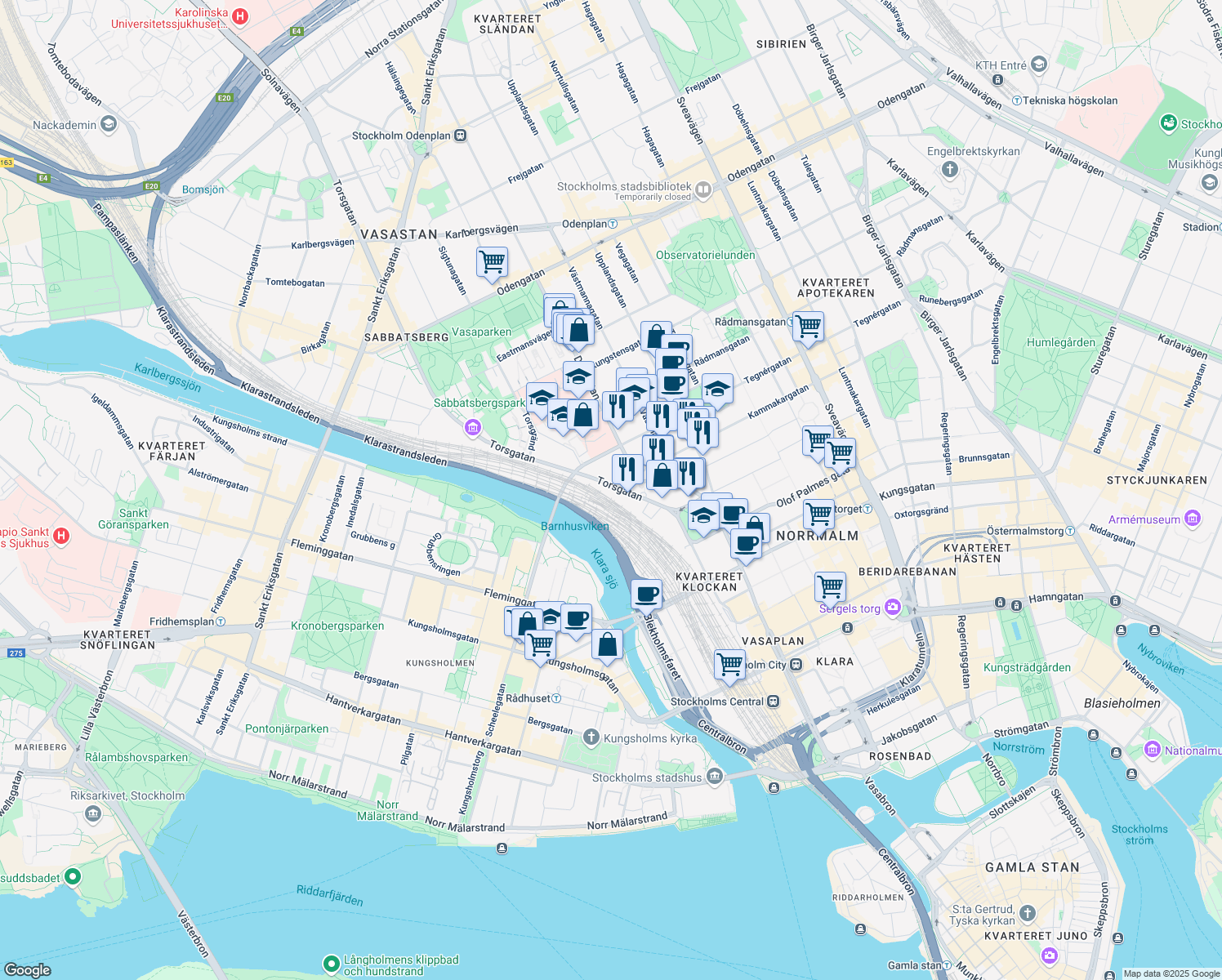 map of restaurants, bars, coffee shops, grocery stores, and more near 11 Torsgatan in Stockholm