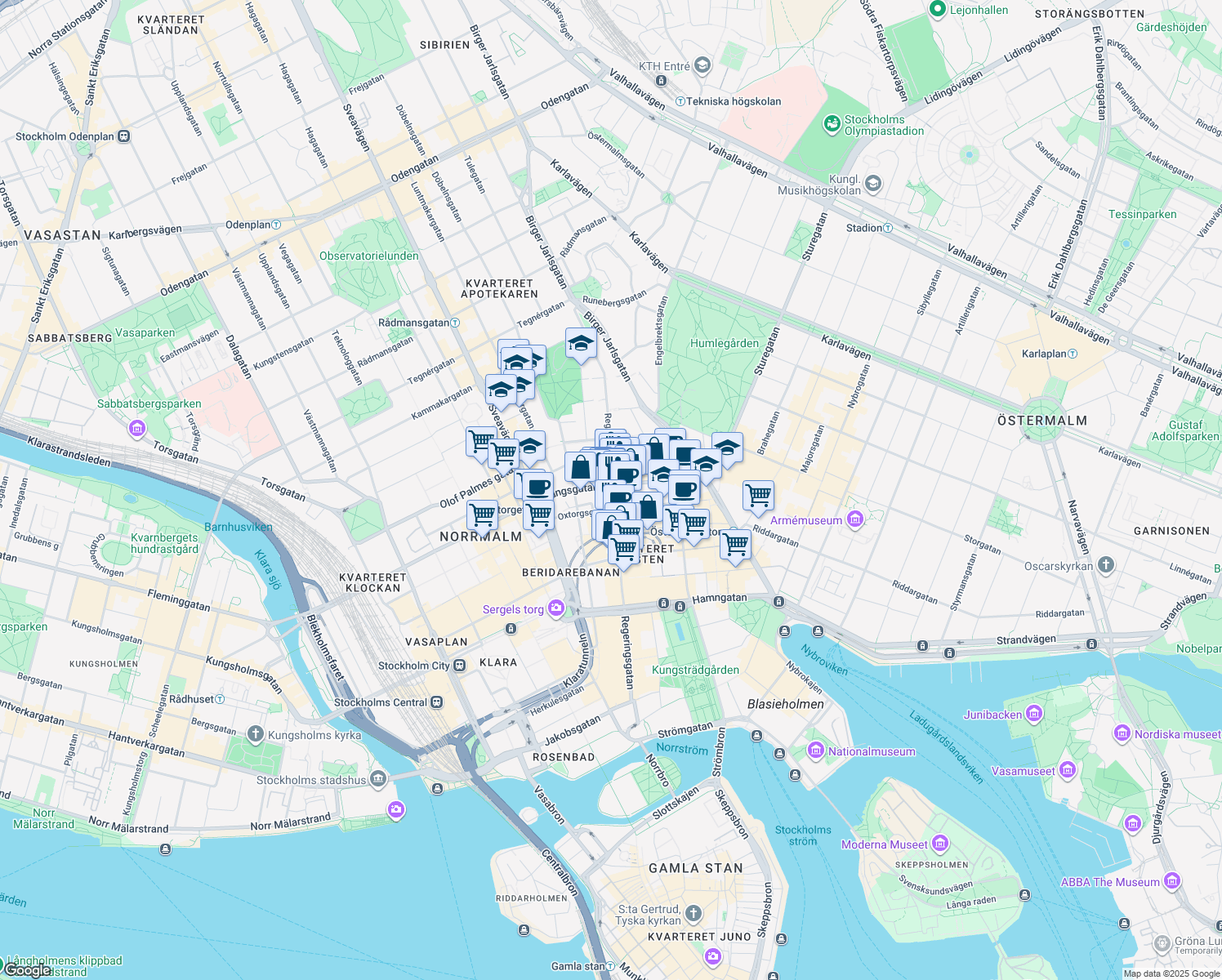 map of restaurants, bars, coffee shops, grocery stores, and more near 25 Kungsgatan in Stockholm