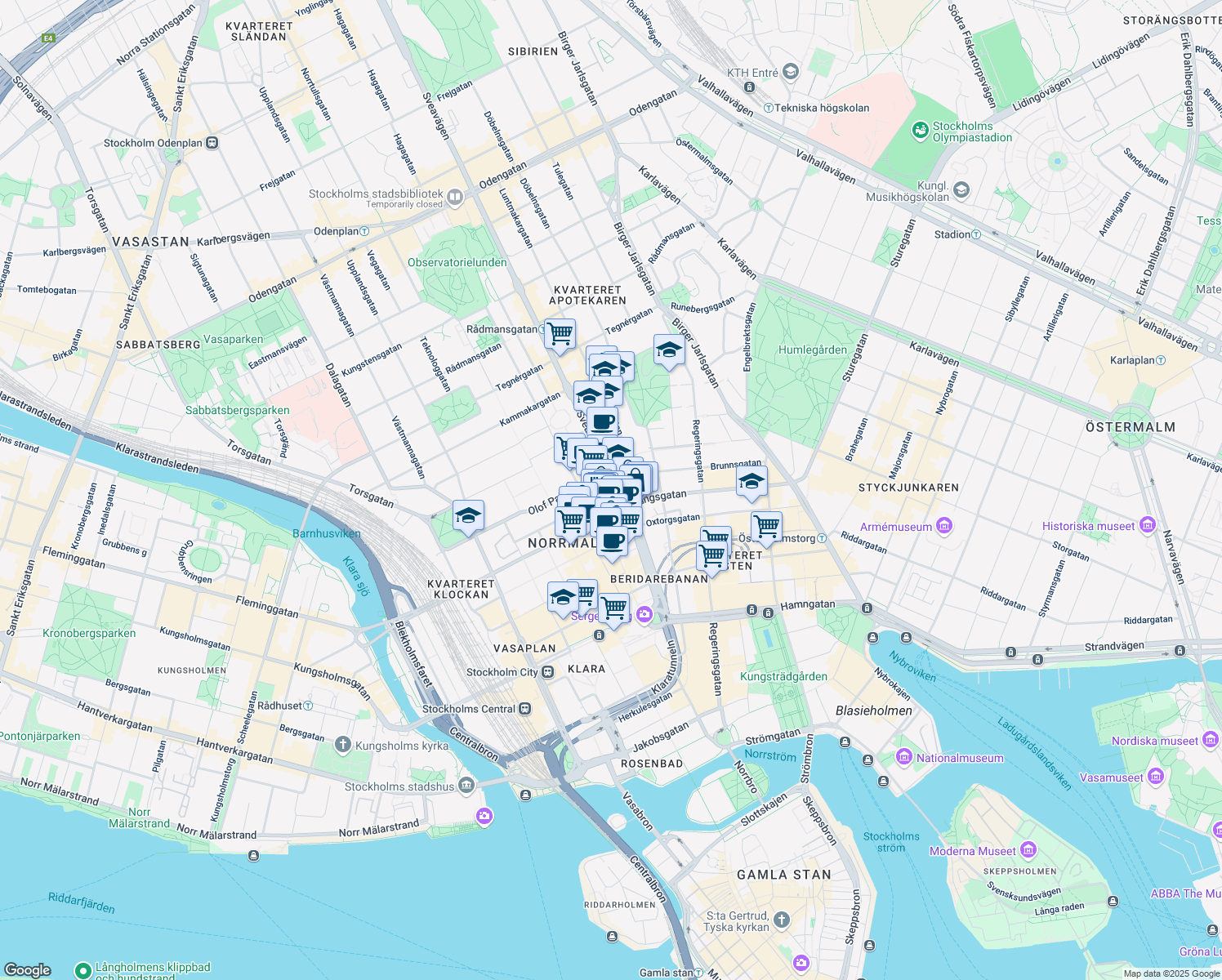 map of restaurants, bars, coffee shops, grocery stores, and more near 25 Sveavägen in Stockholm