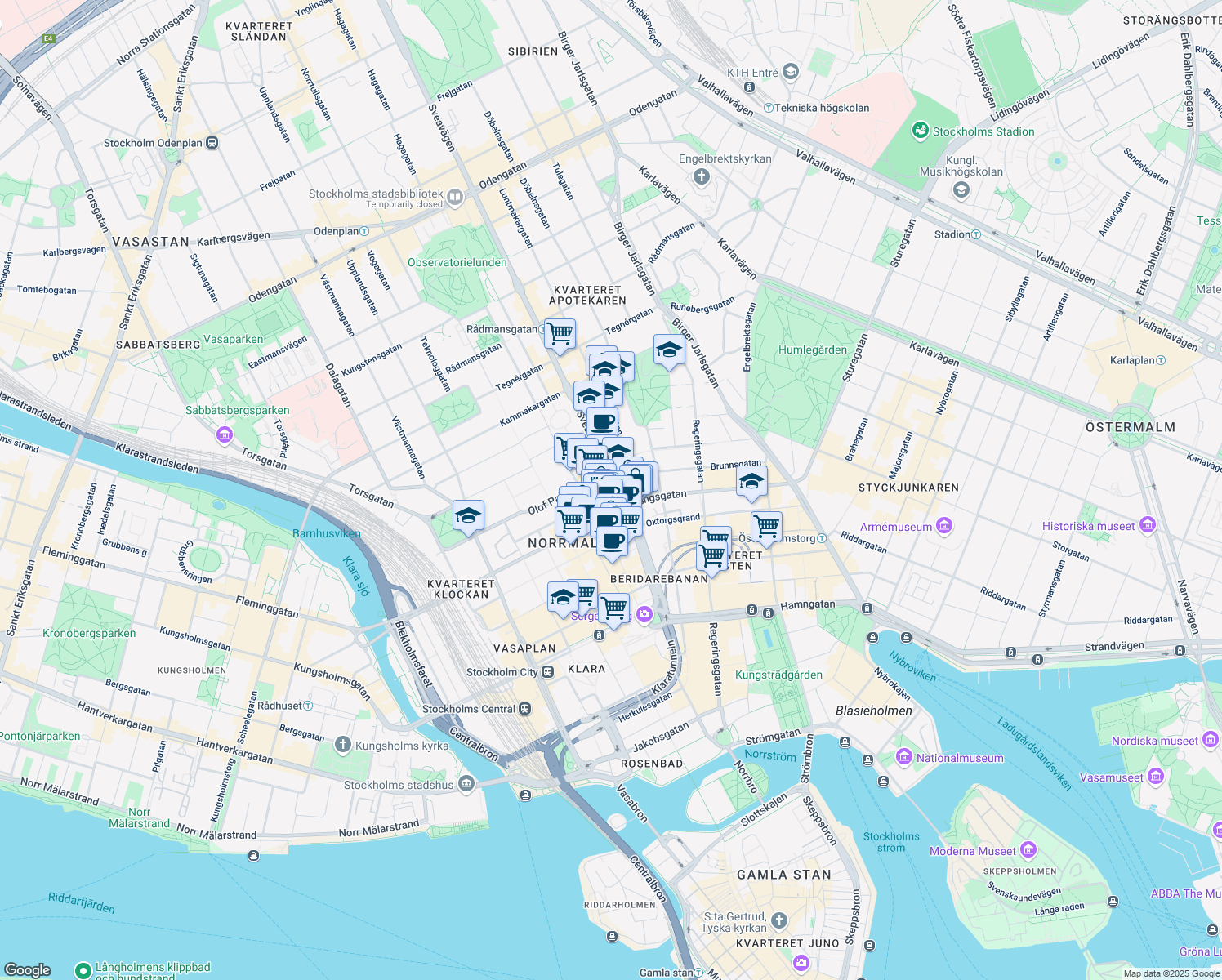 map of restaurants, bars, coffee shops, grocery stores, and more near 25 Sveavägen in Stockholm