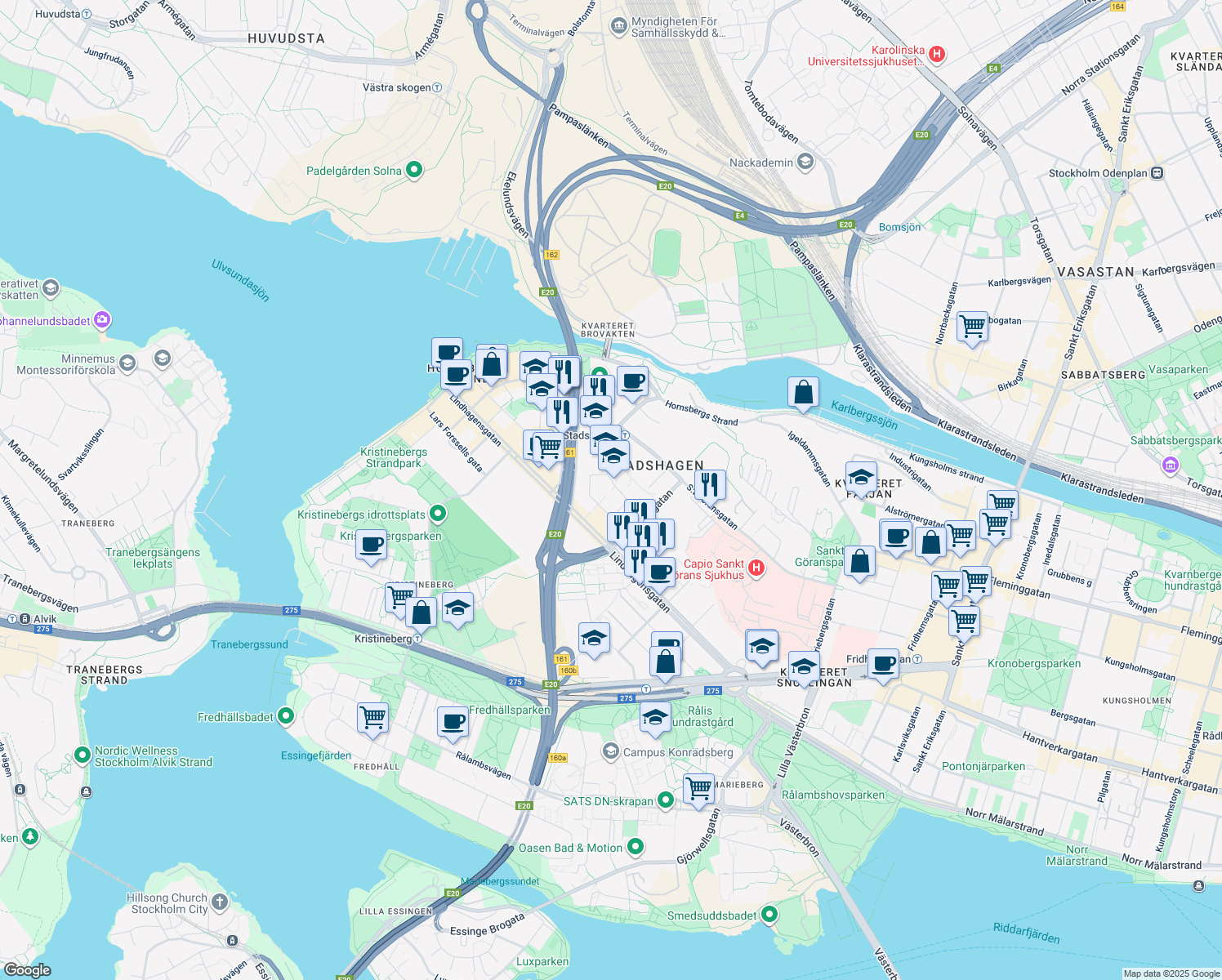 map of restaurants, bars, coffee shops, grocery stores, and more near 17 Warfvinges väg in Stockholm