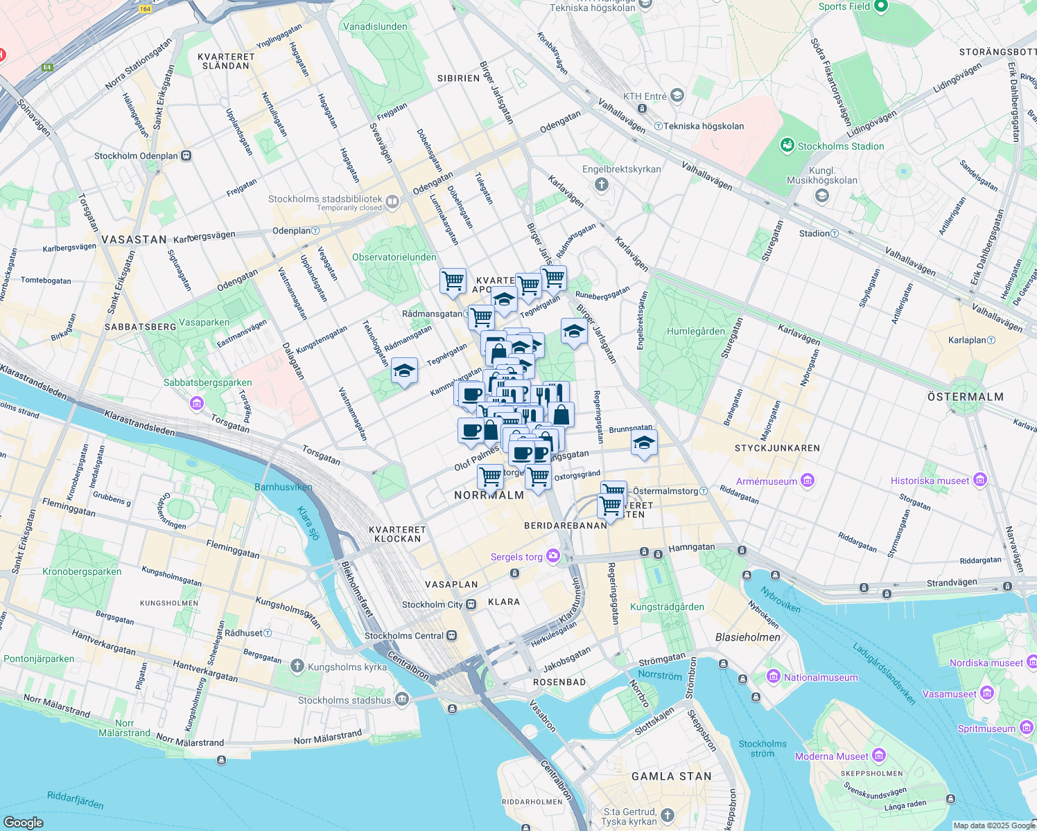 map of restaurants, bars, coffee shops, grocery stores, and more near 44 Sveavägen in Stockholm