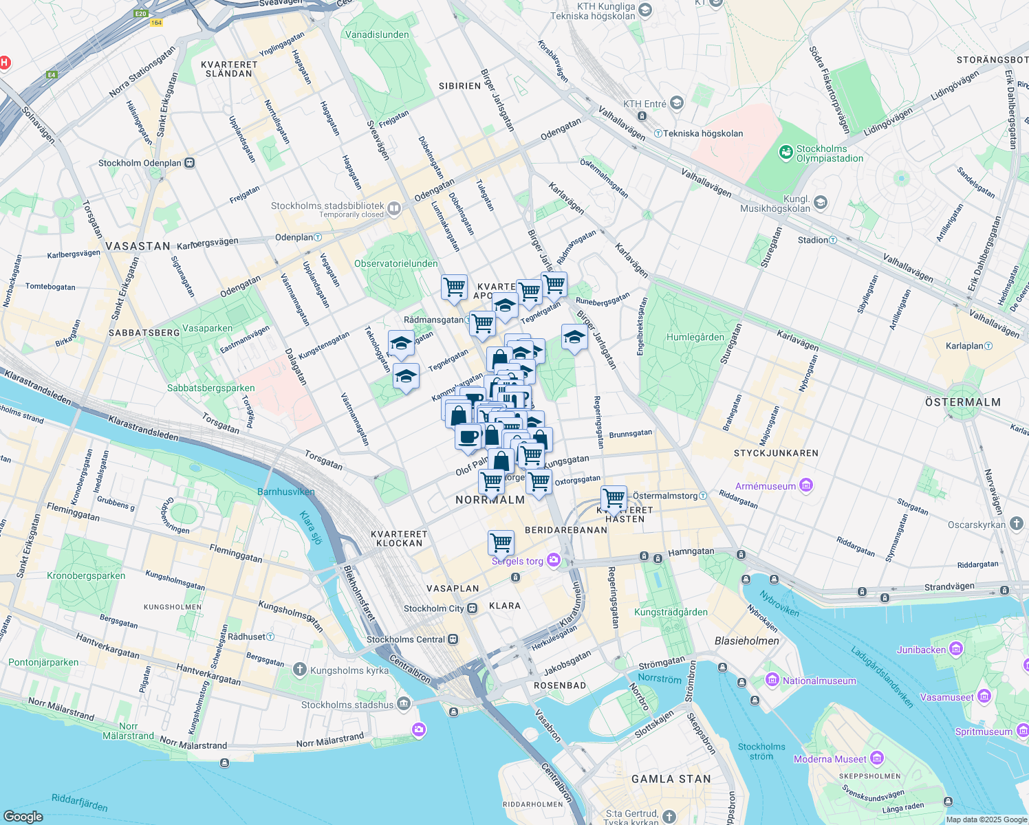 map of restaurants, bars, coffee shops, grocery stores, and more near 44 Sveavägen in Stockholm