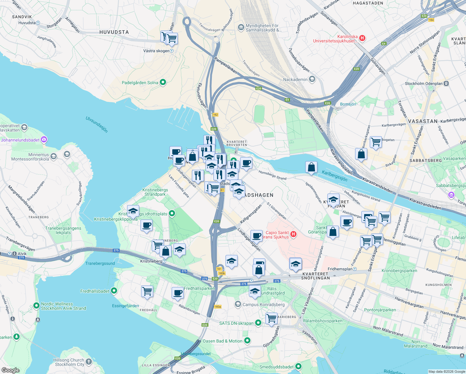 map of restaurants, bars, coffee shops, grocery stores, and more near 31 Warfvinges väg in Stockholm