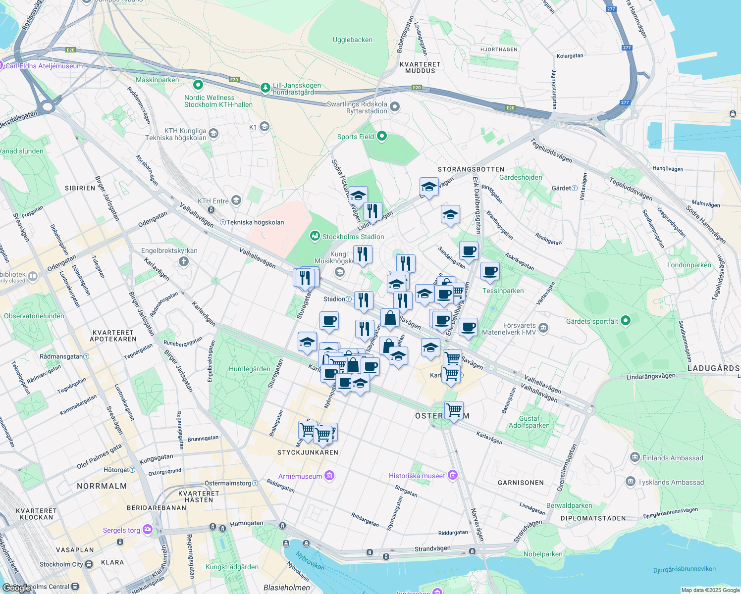 map of restaurants, bars, coffee shops, grocery stores, and more near 117 Valhallavägen in Stockholm