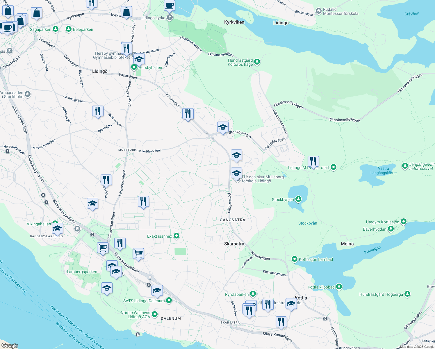 map of restaurants, bars, coffee shops, grocery stores, and more near in Lidingo