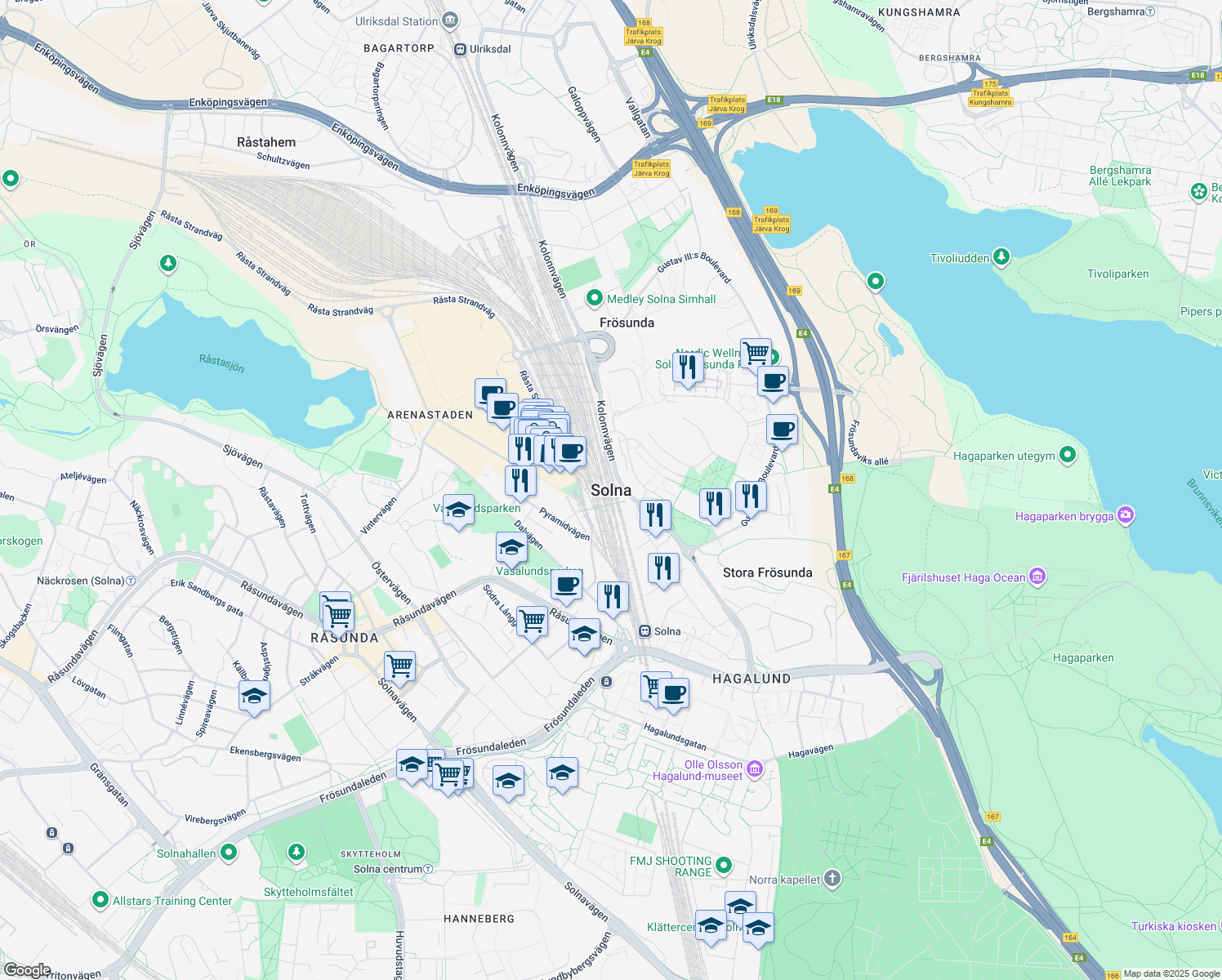map of restaurants, bars, coffee shops, grocery stores, and more near in Solna