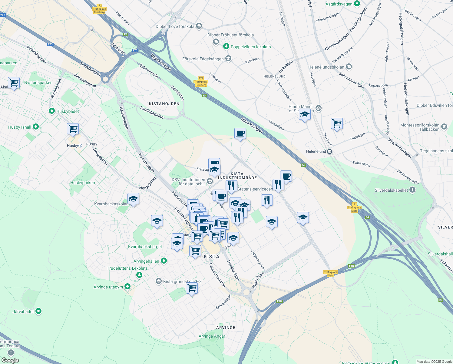map of restaurants, bars, coffee shops, grocery stores, and more near 3 Borgarfjordsgatan in Stockholm